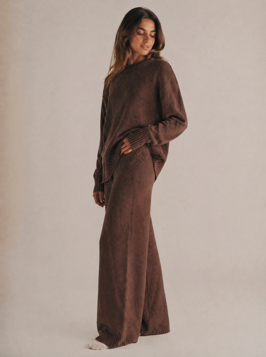 Oversized Knit Sweater & Wide Leg Pants Set in Chocolate Brown — 3/4 angle view