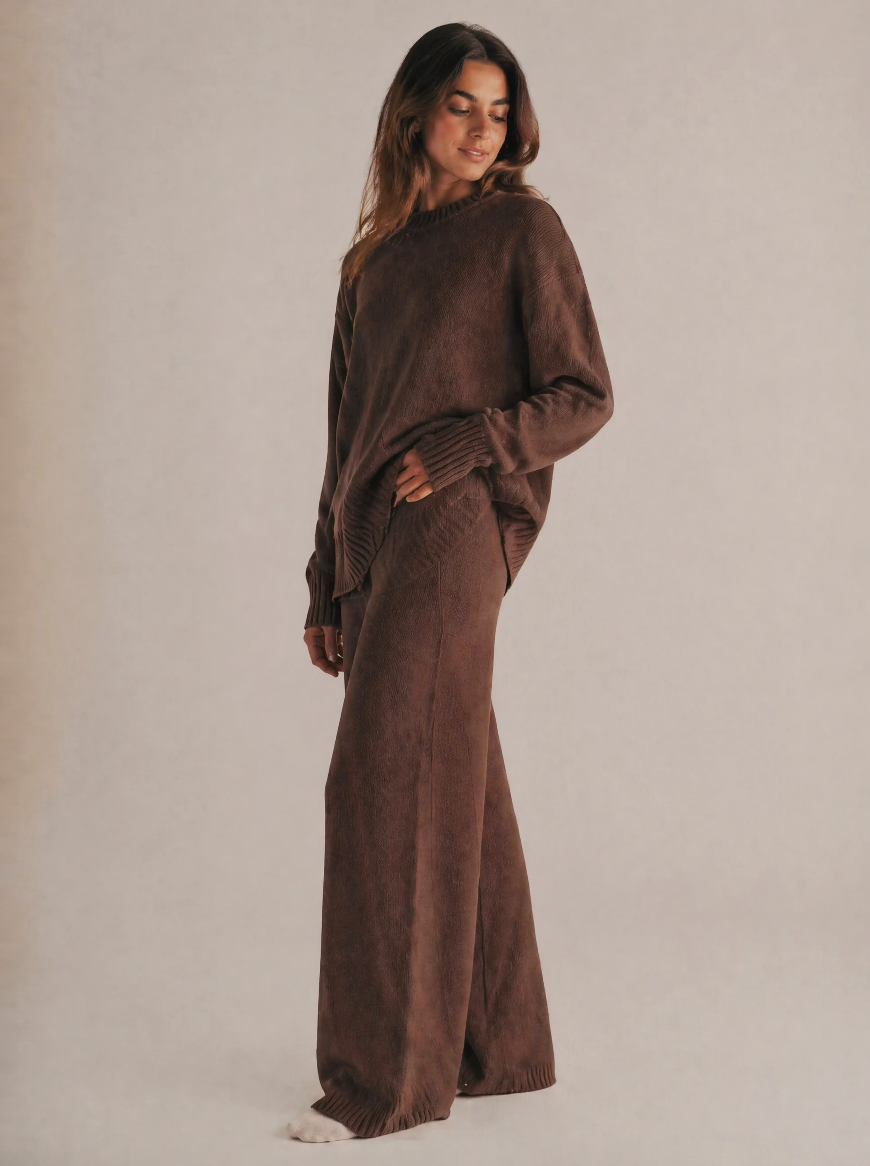 Oversized Knit Sweater & Wide Leg Pants Set in Chocolate Brown — 3/4 angle view