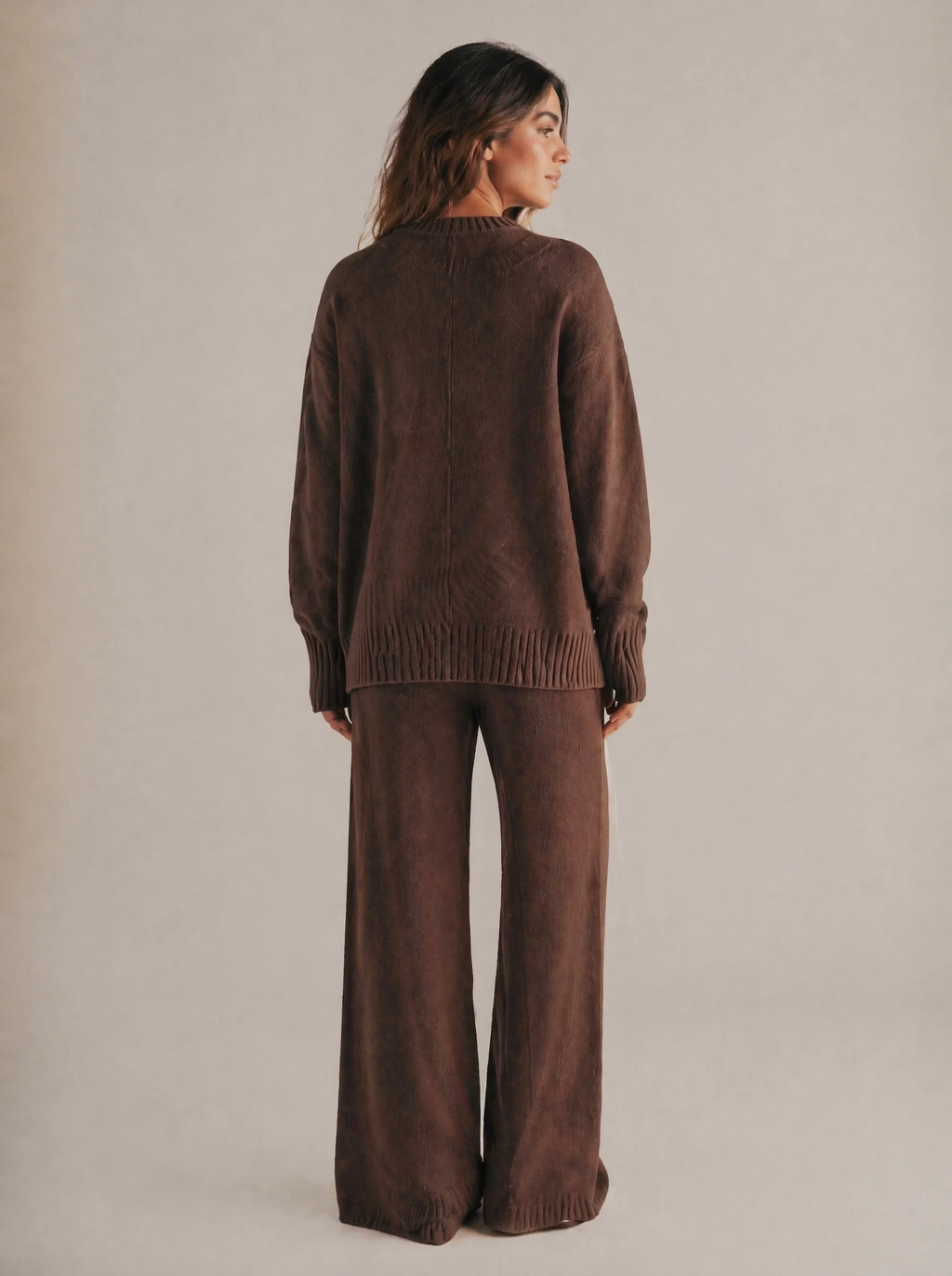 Oversized Knit Sweater & Wide Leg Pants Set in Chocolate Brown — Back view