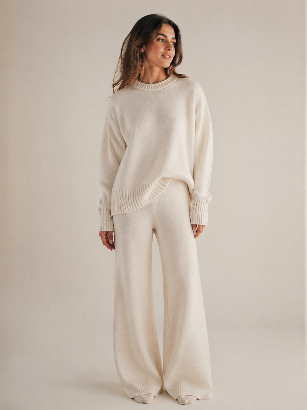 Oversized Knit Sweater & Wide Leg Pants Set in Cream/Ivory — Front view
