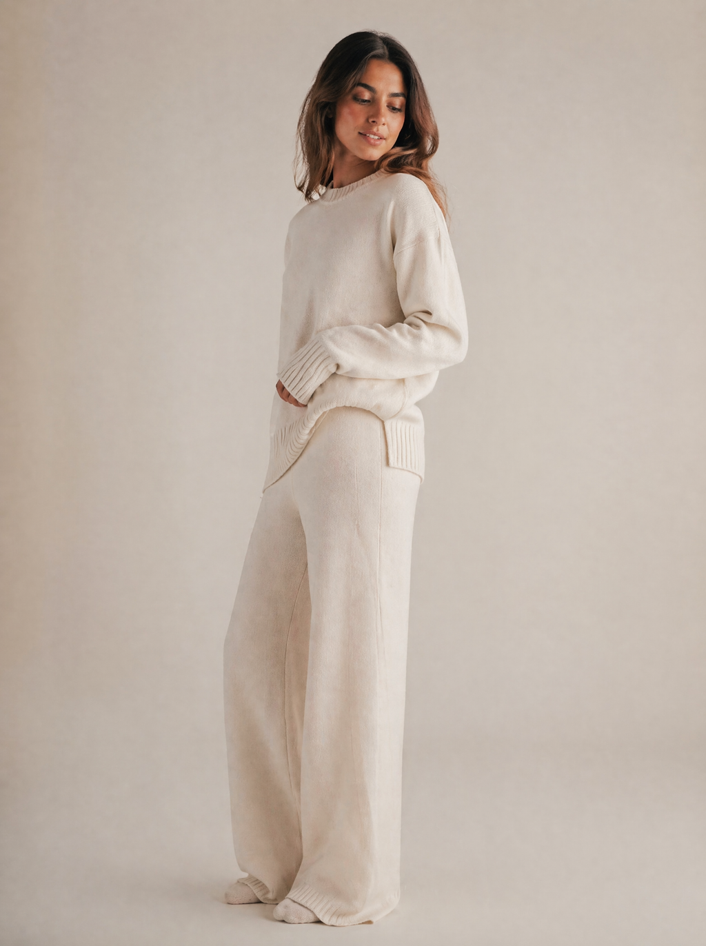 Oversized Knit Sweater & Wide Leg Pants Set in Cream/Ivory — 3/4 angle view