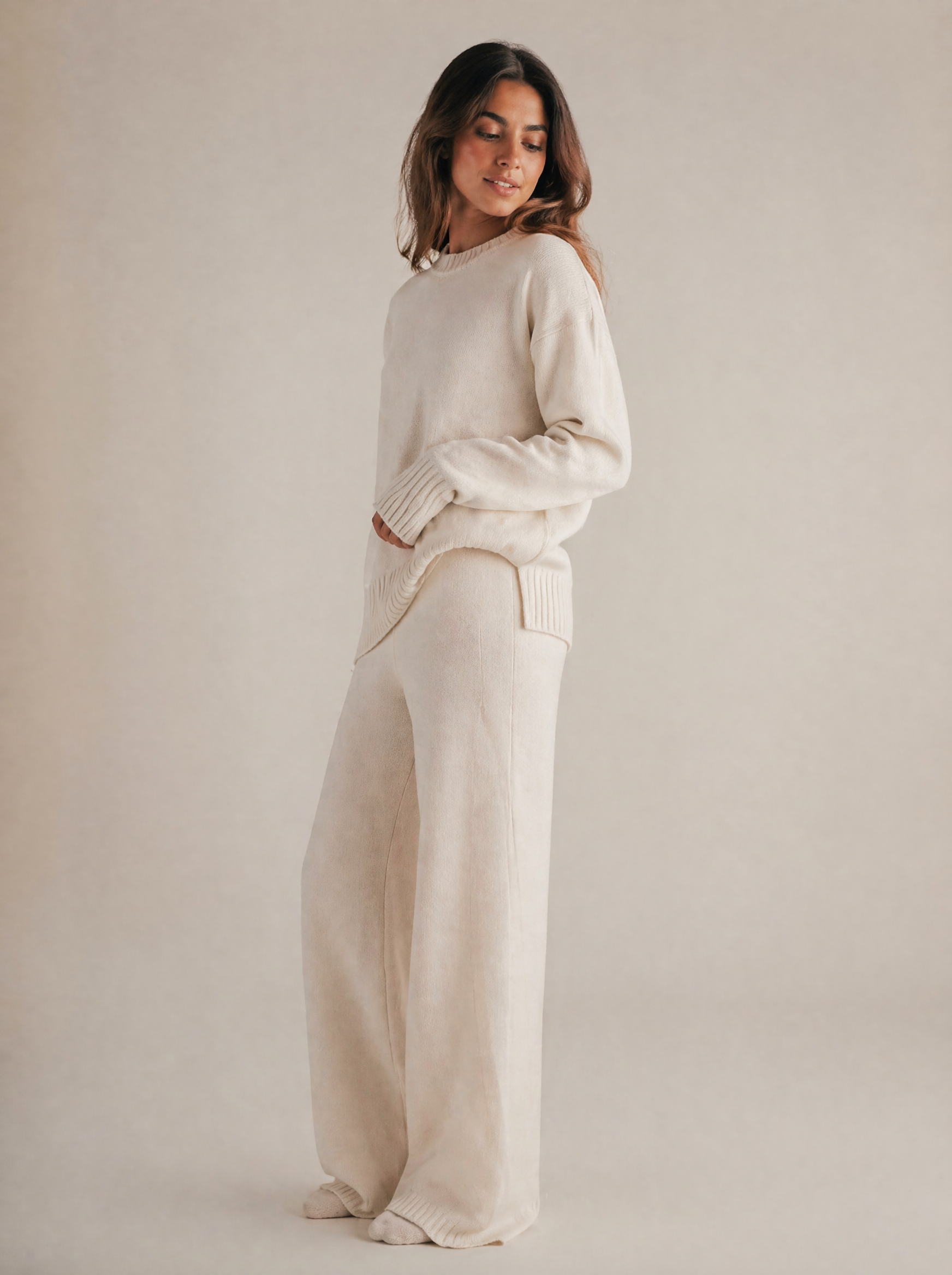 Oversized Knit Sweater & Wide Leg Pants Set in Cream/Ivory — 3/4 angle view