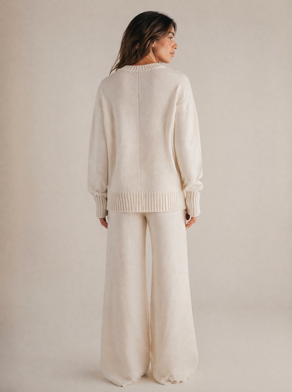 Oversized Knit Sweater & Wide Leg Pants Set in Cream/Ivory — Back view