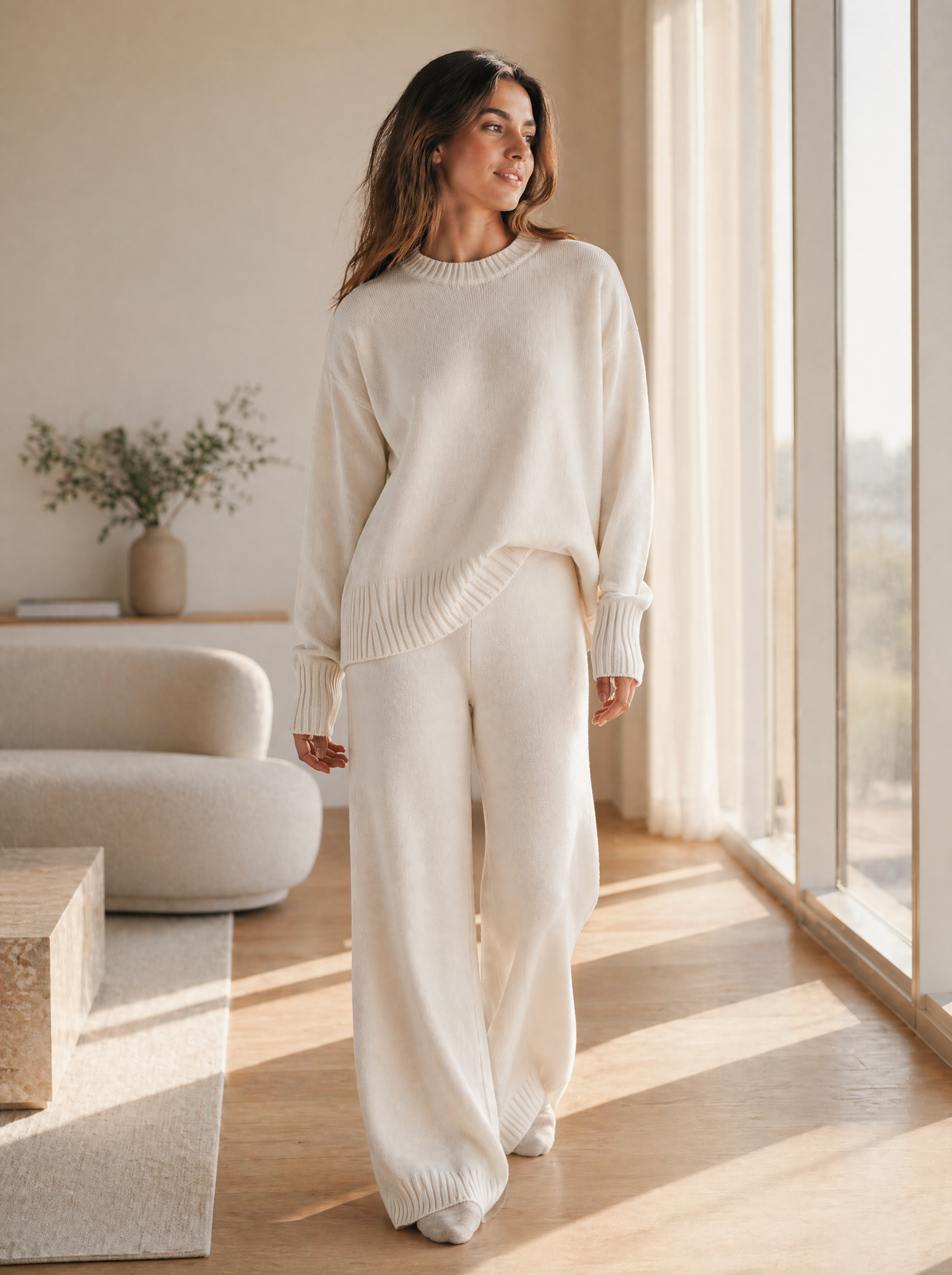 Oversized Knit Sweater & Wide Leg Pants Set in Cream/Ivory — Lifestyle full