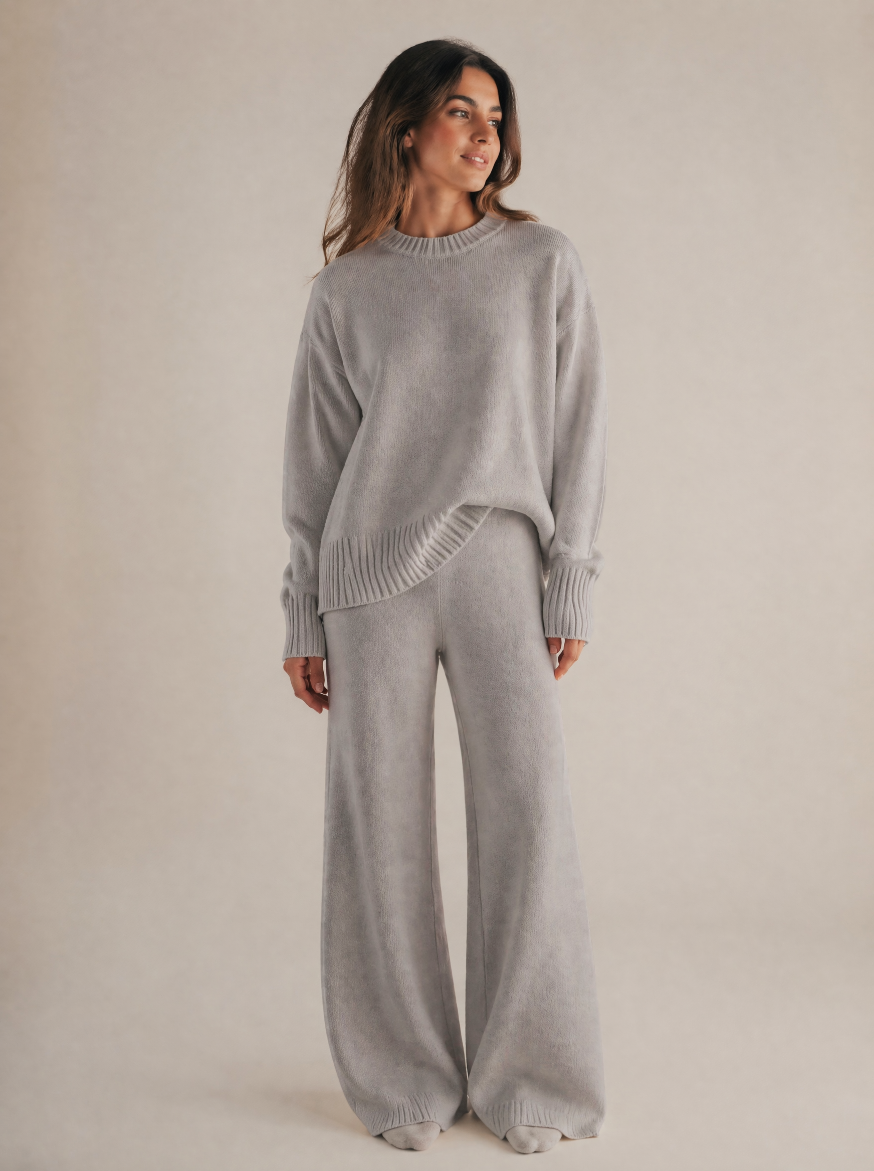 Oversized Knit Sweater & Wide Leg Pants Set in Stone Grey — Front view