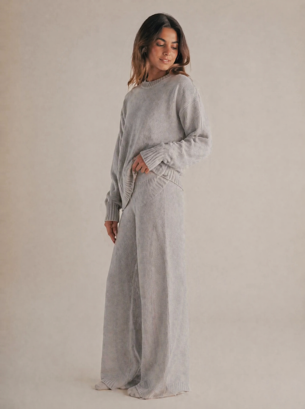 Oversized Knit Sweater & Wide Leg Pants Set in Stone Grey — 3/4 angle view