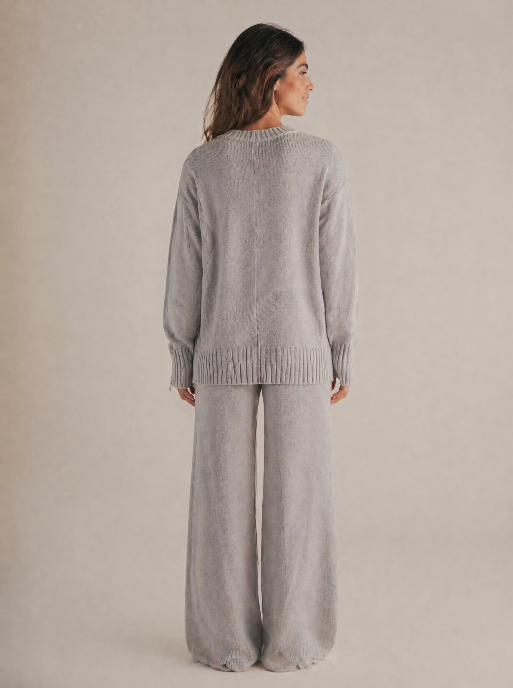 Oversized Knit Sweater & Wide Leg Pants Set in Stone Grey — Back view