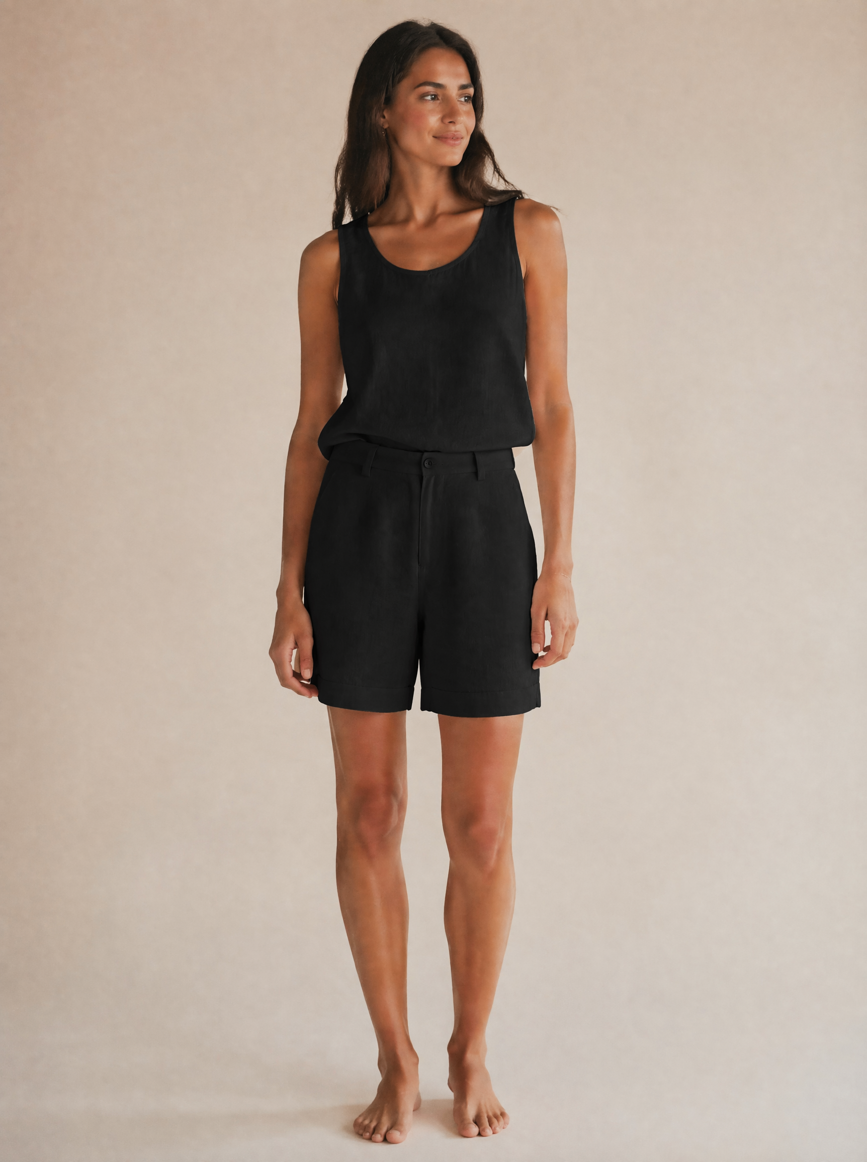Linen Tank & Bermuda Shorts Set in Black — Front view