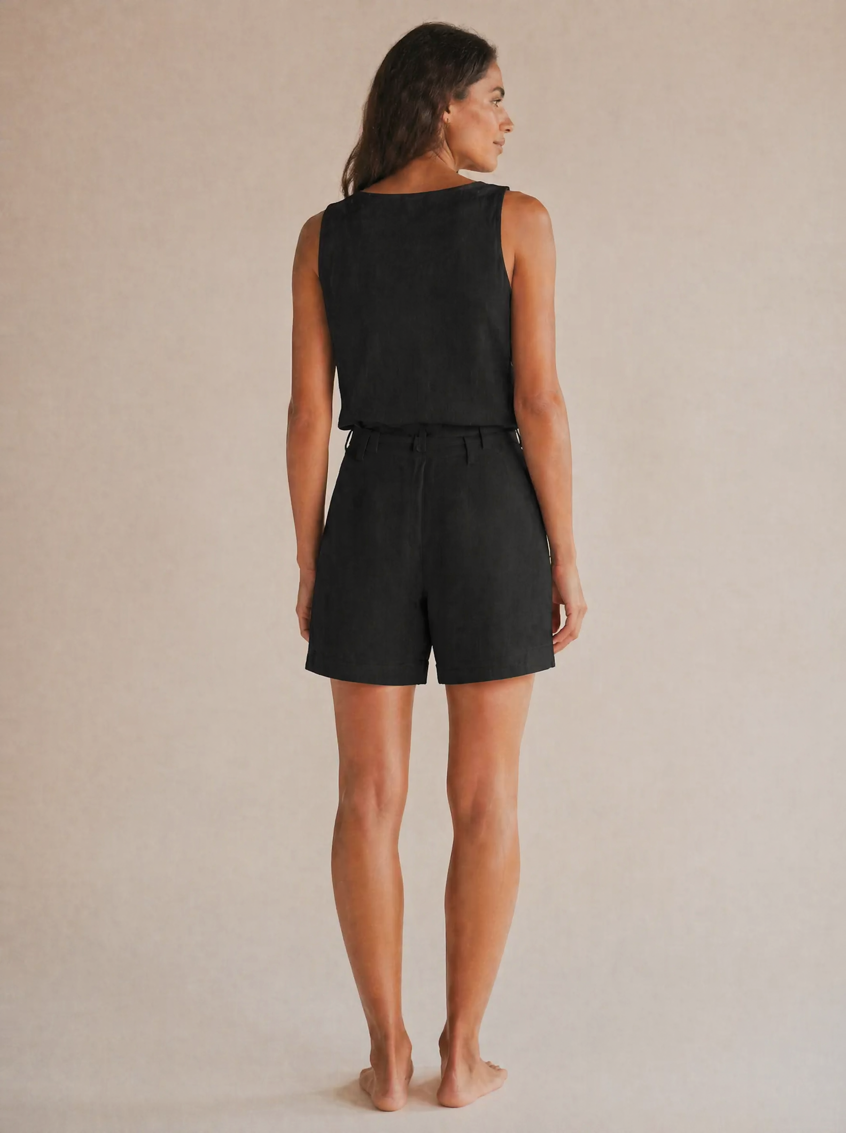 Linen Tank & Bermuda Shorts Set in Black — Back view