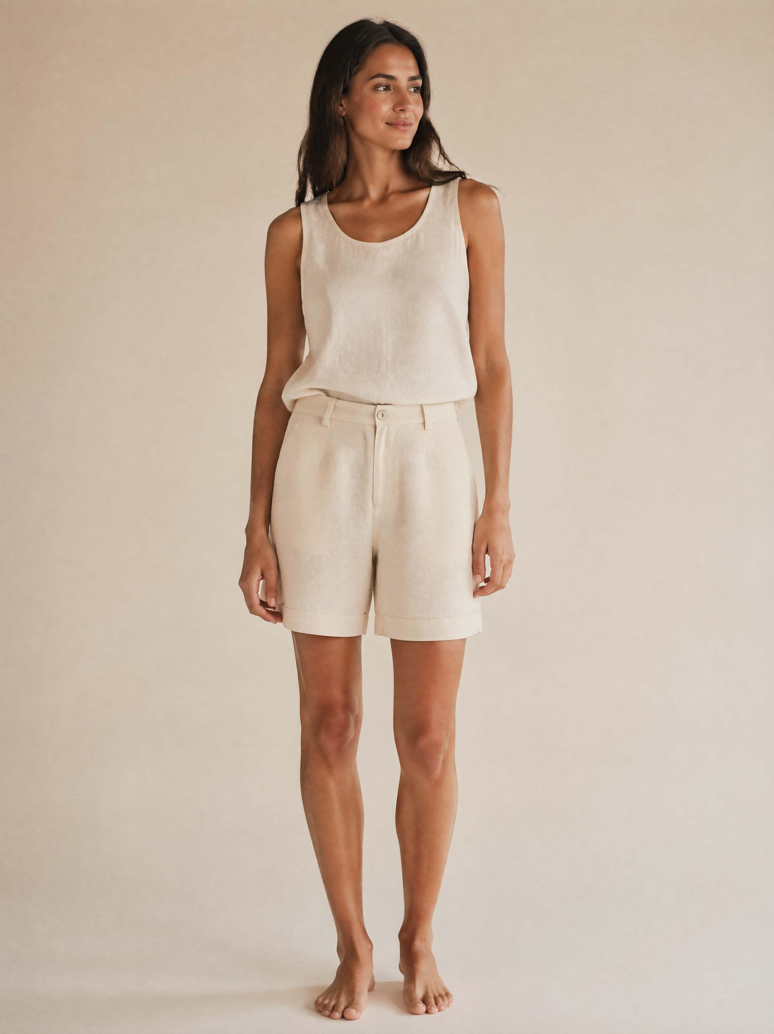 Linen Tank & Bermuda Shorts Set in Cream — Front view