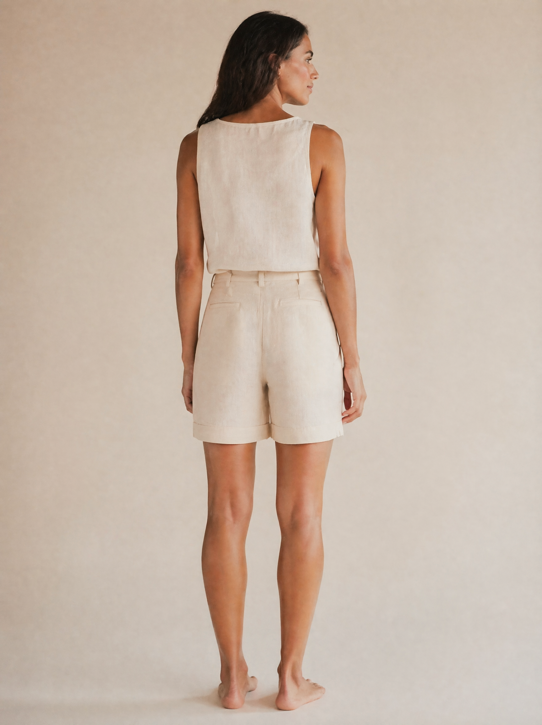 Linen Tank & Bermuda Shorts Set in Cream — Back view