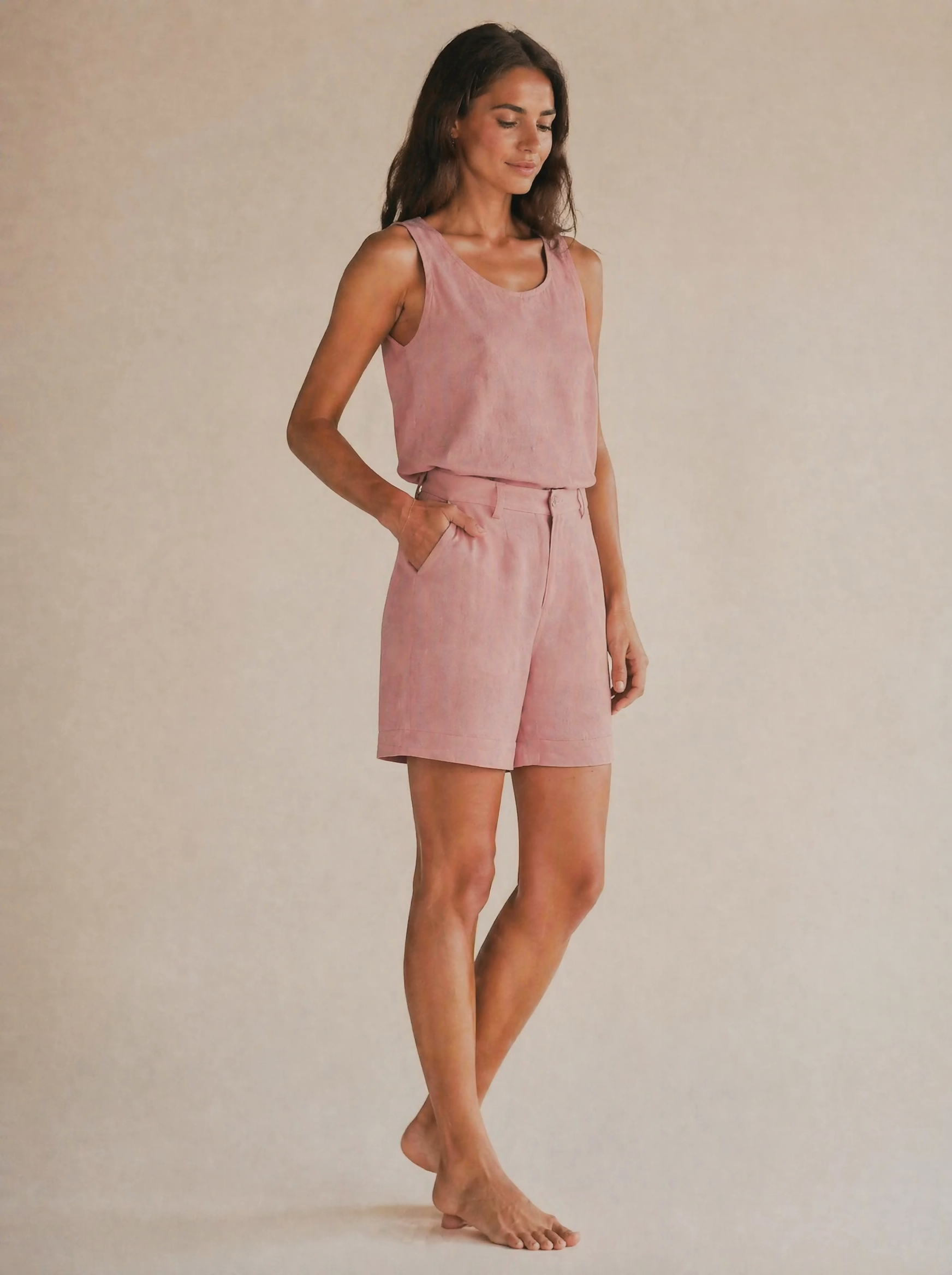 Linen Tank & Bermuda Shorts Set in Dusty Rose — 3/4 angle view