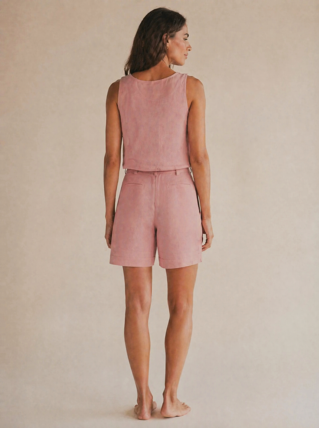 Linen Tank & Bermuda Shorts Set in Dusty Rose — Back view