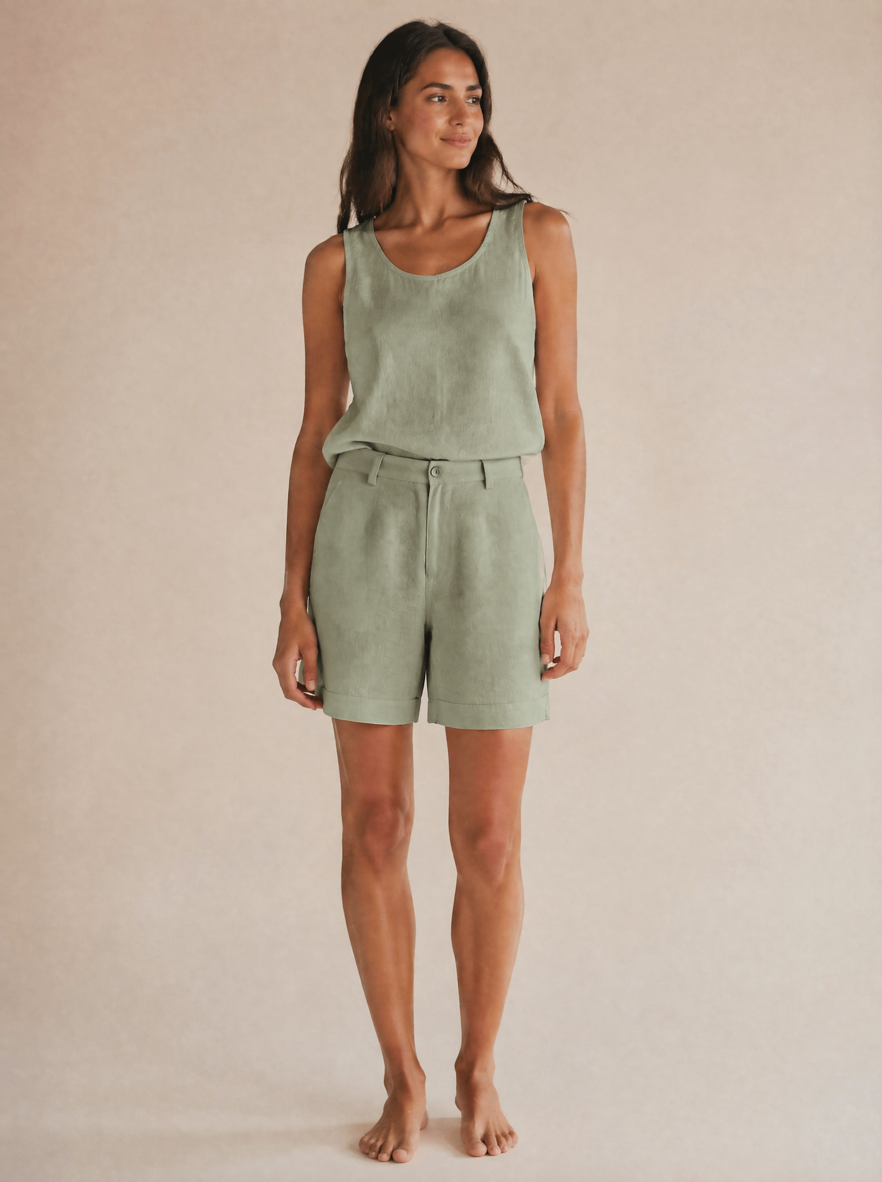 Linen Tank & Bermuda Shorts Set in Sage Green — Front view