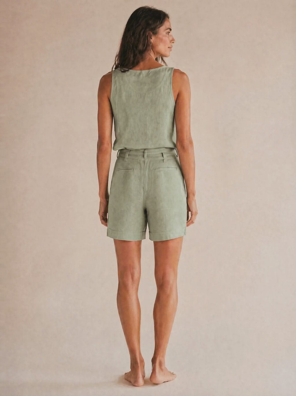 Linen Tank & Bermuda Shorts Set in Sage Green — Back view