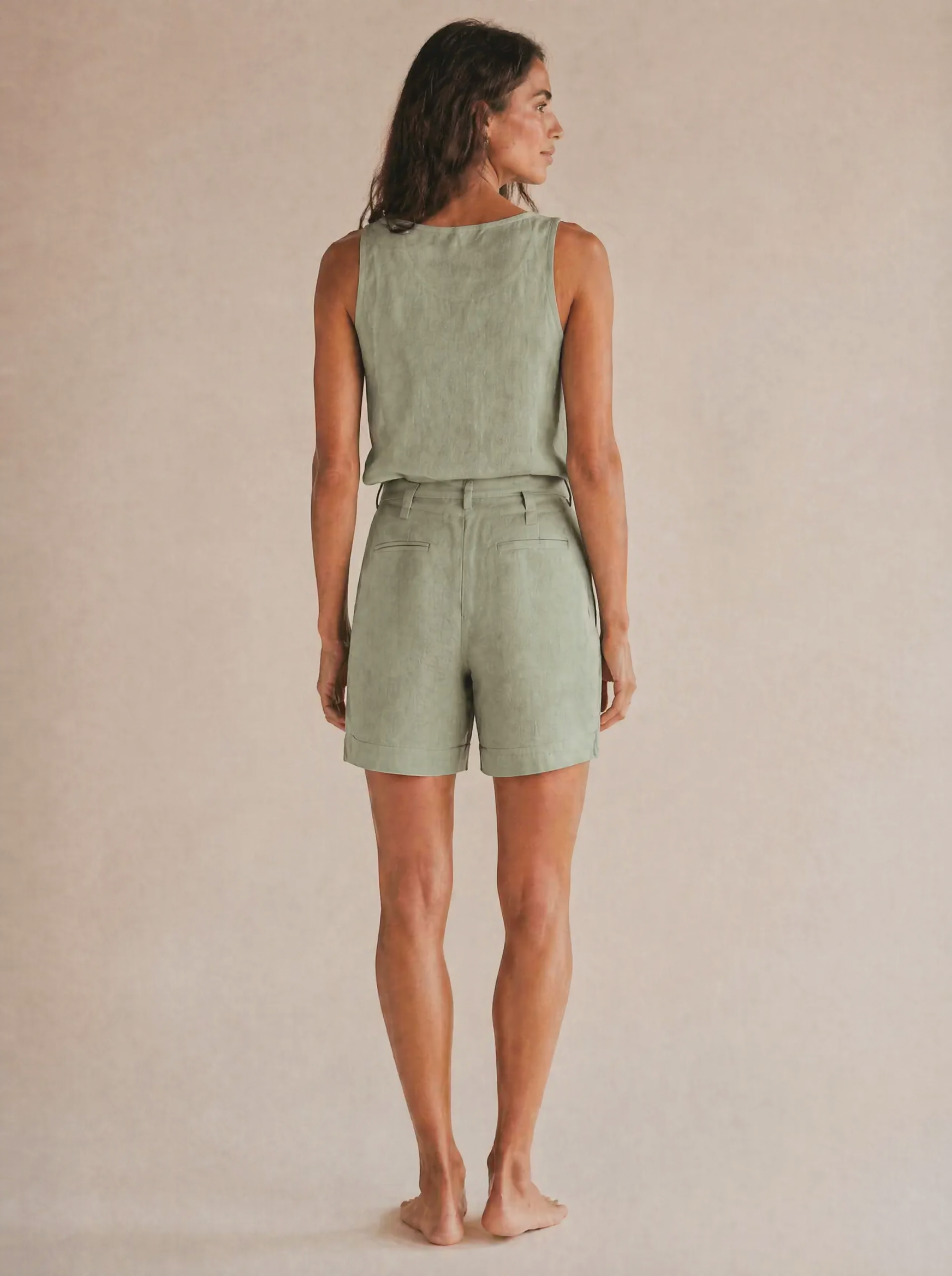 Linen Tank & Bermuda Shorts Set in Sage Green — Back view