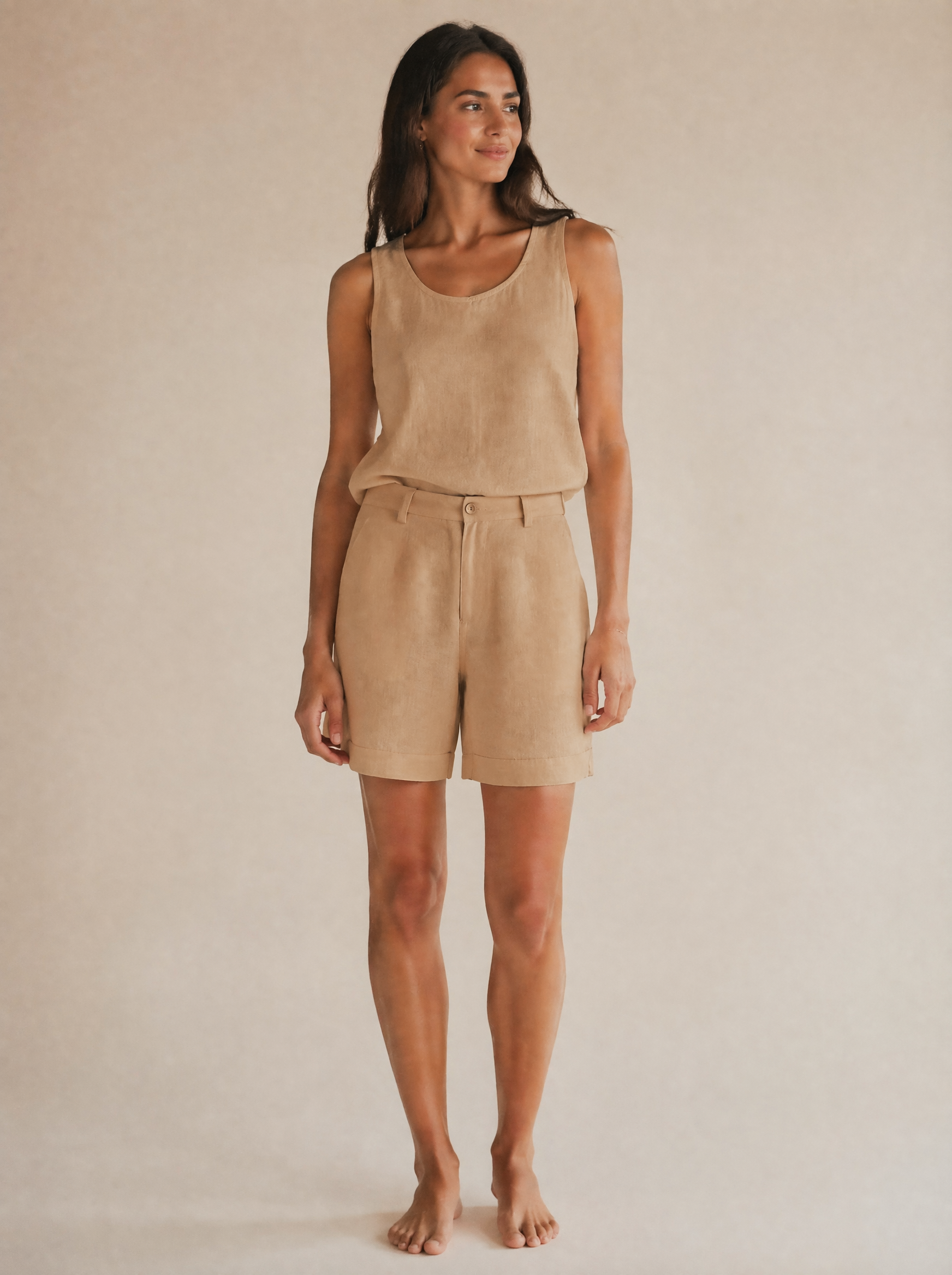 Linen Tank & Bermuda Shorts Set in Sand/Tan — Front view