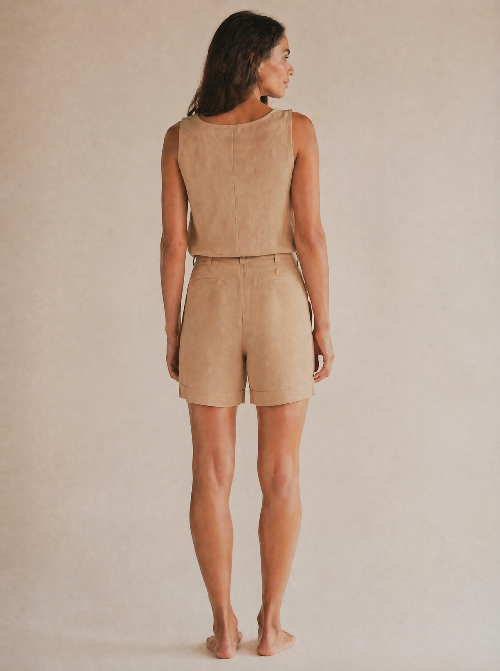 Linen Tank & Bermuda Shorts Set in Sand/Tan — Back view