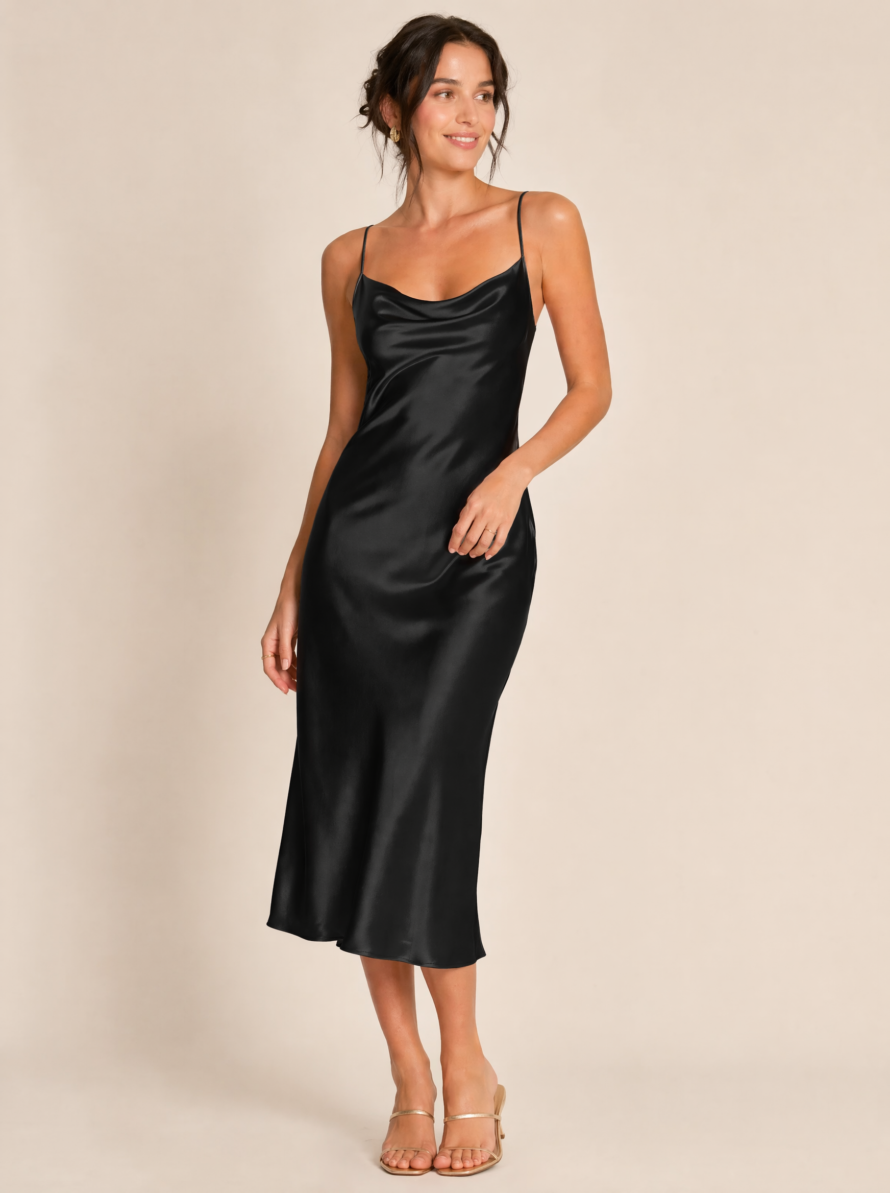 Bias-Cut Silk Slip Midi Dress in Black — Front view