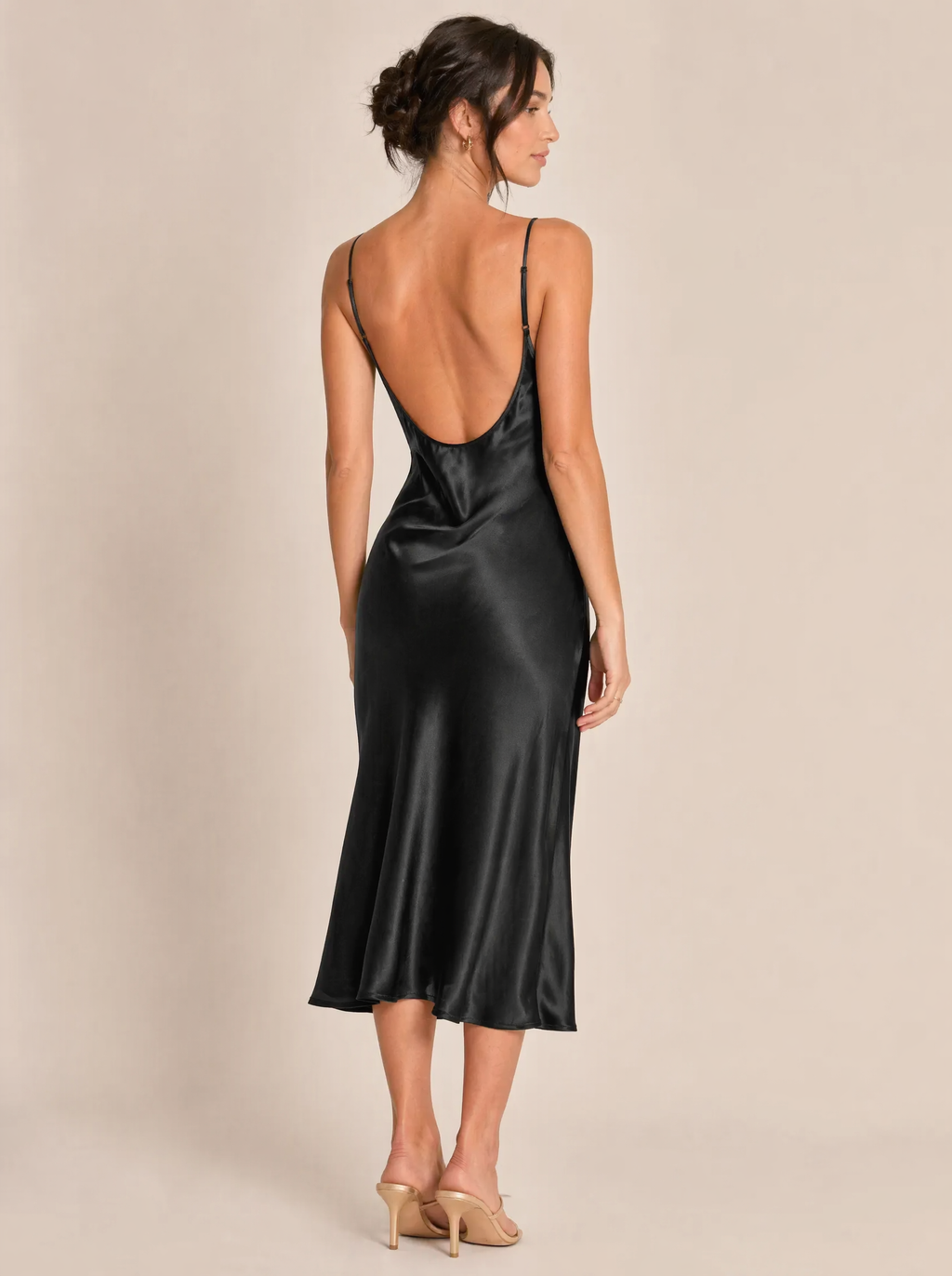 Bias-Cut Silk Slip Midi Dress in Black — Back view
