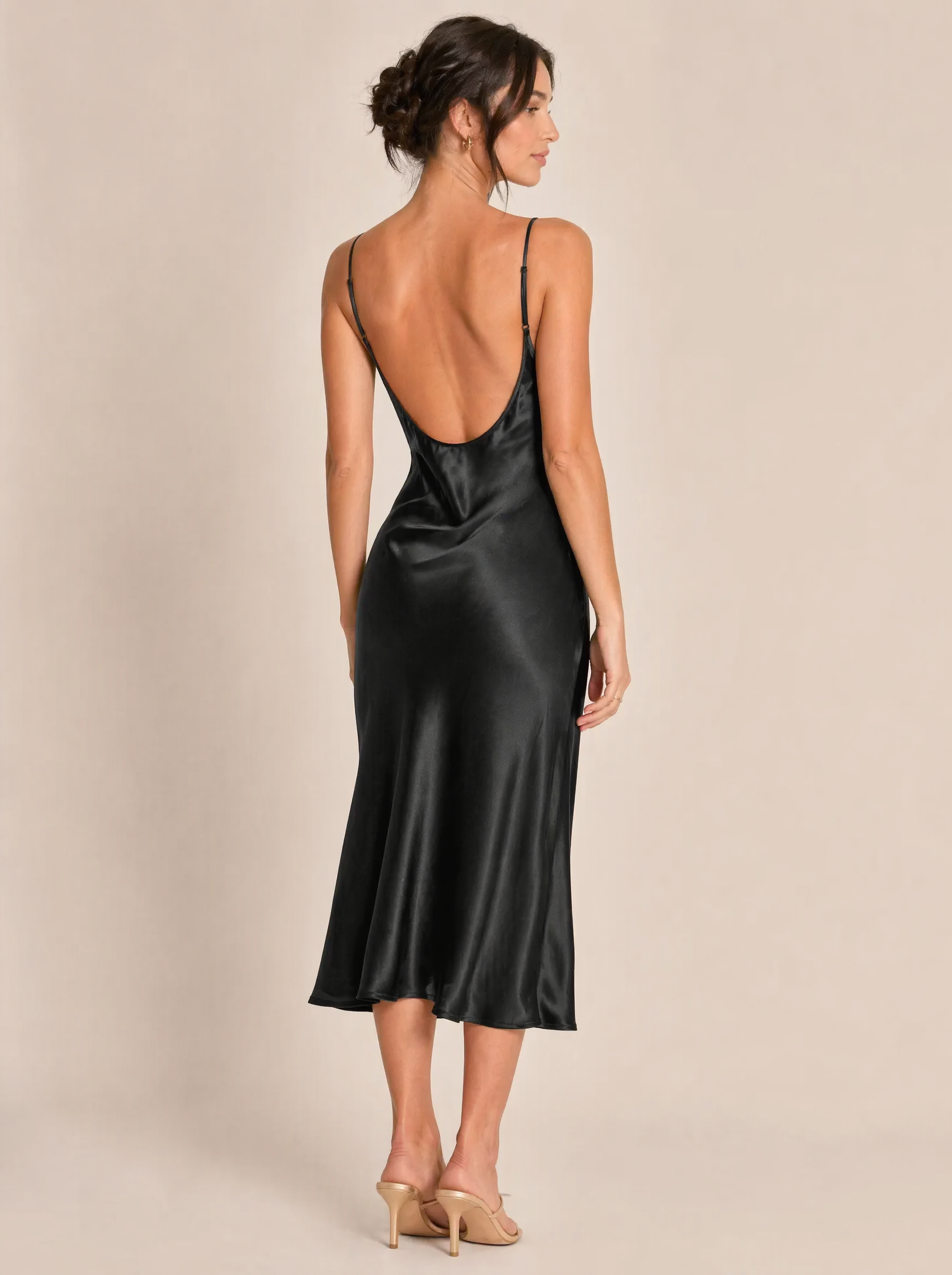 Bias-Cut Silk Slip Midi Dress in Black — Back view