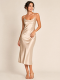 Bias-Cut Silk Slip Midi Dress in Champagne — Front view