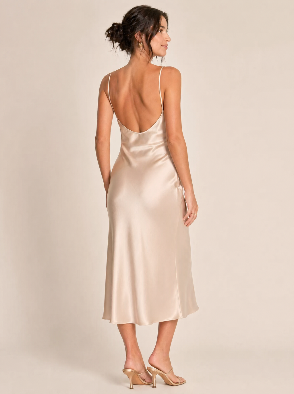Bias-Cut Silk Slip Midi Dress in Champagne — Back view