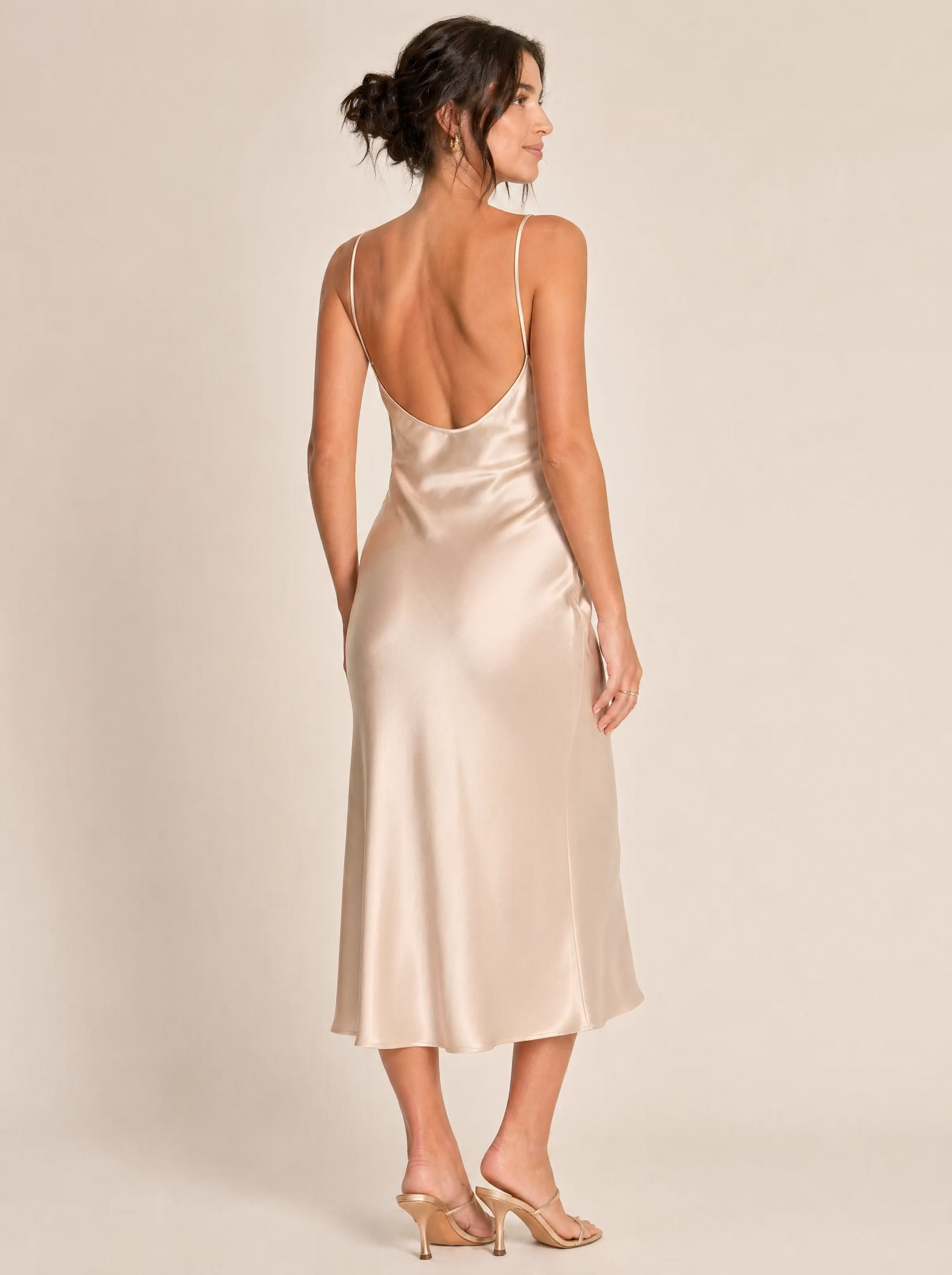 Bias-Cut Silk Slip Midi Dress in Champagne — Back view