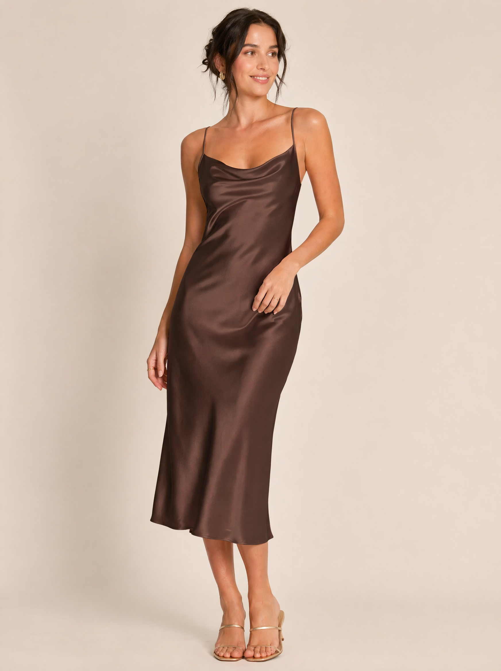 Bias-Cut Silk Slip Midi Dress in Chocolate Brown — Front view