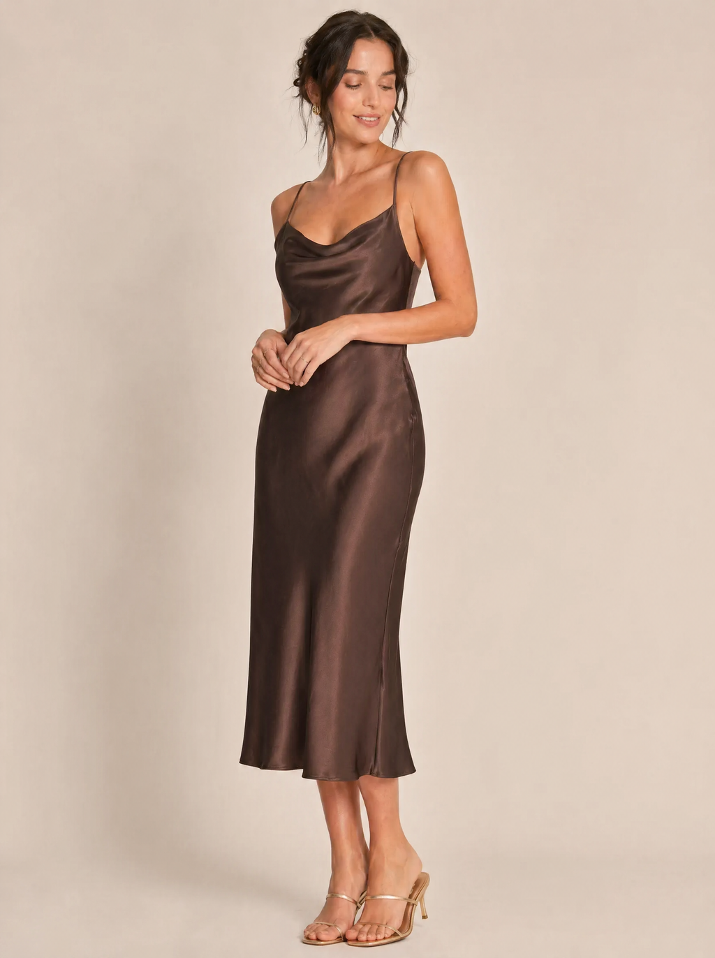 Bias-Cut Silk Slip Midi Dress in Chocolate Brown — 3/4 angle view