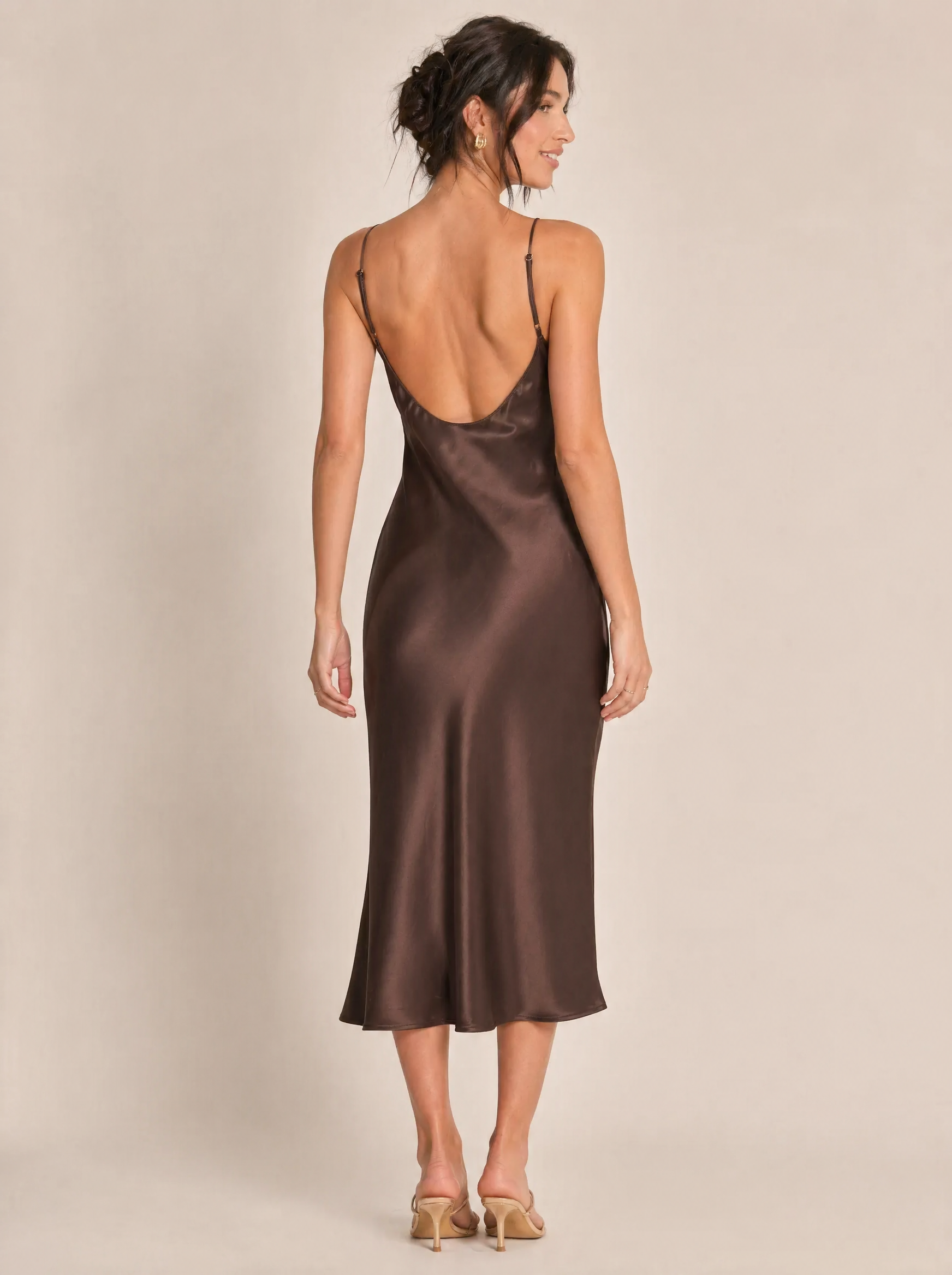 Bias-Cut Silk Slip Midi Dress in Chocolate Brown — Back view