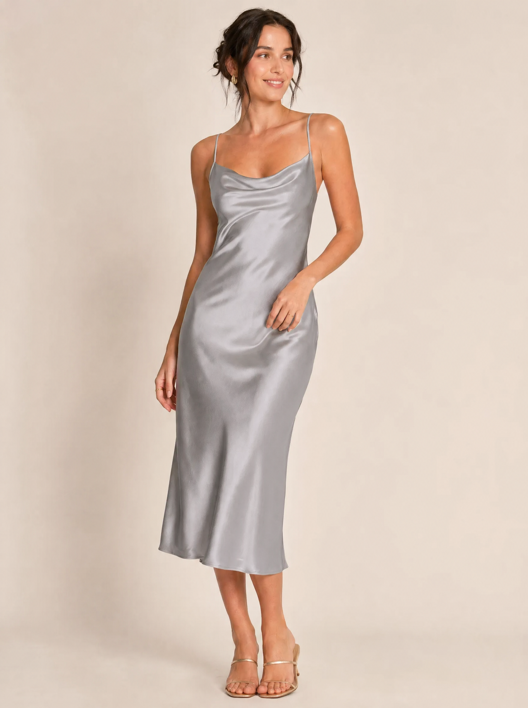 Bias-Cut Silk Slip Midi Dress in Stone Grey — Front view