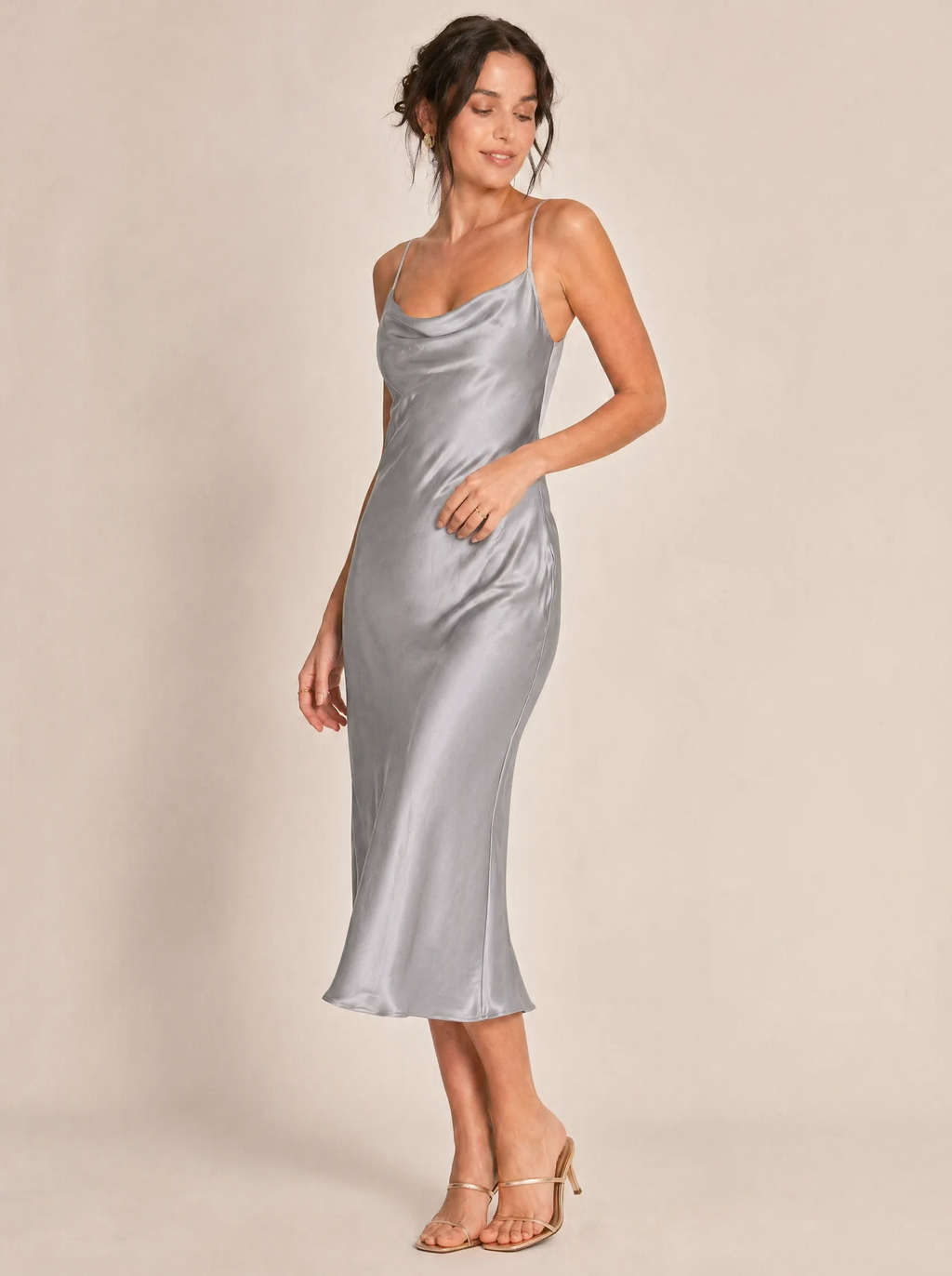 Bias-Cut Silk Slip Midi Dress in Stone Grey — 3/4 angle view