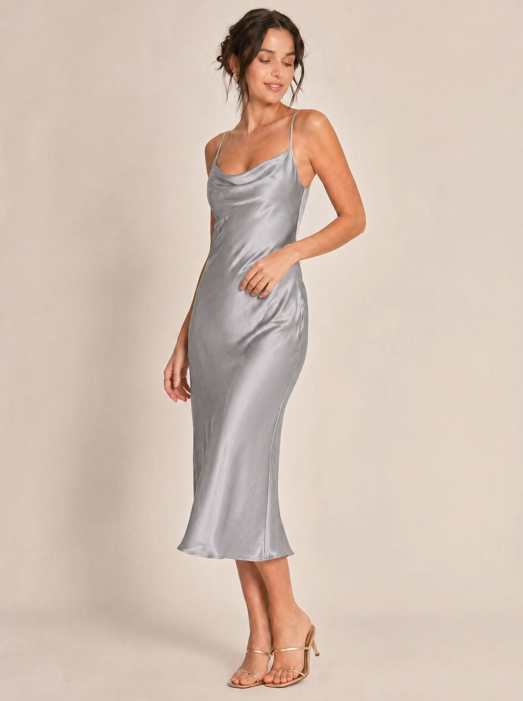 Bias-Cut Silk Slip Midi Dress in Stone Grey — 3/4 angle view