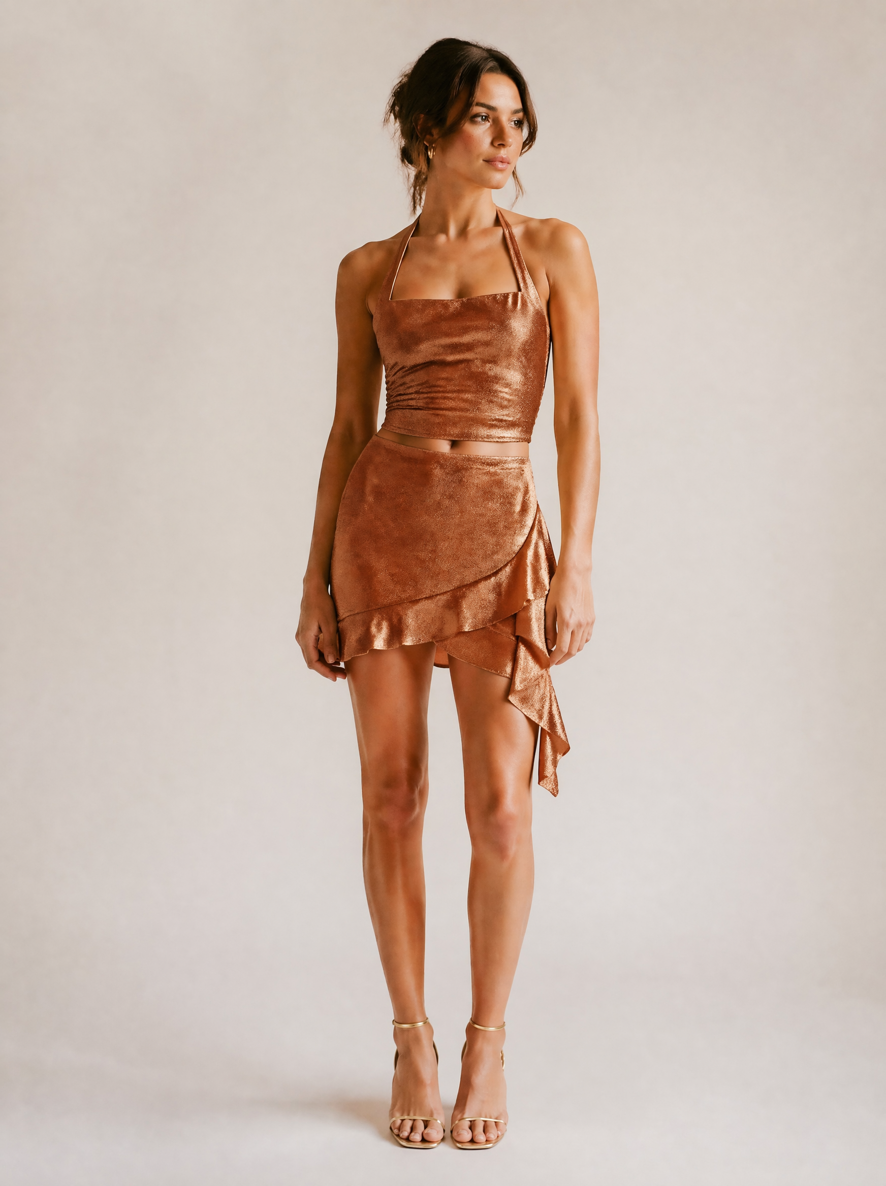 Shimmer Halter Top & Ruffle Mini Skirt Set in Bronze/Copper — Front view