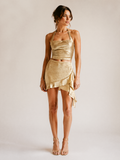 Shimmer Halter Top & Ruffle Mini Skirt Set in Gold/Champagne — Front view