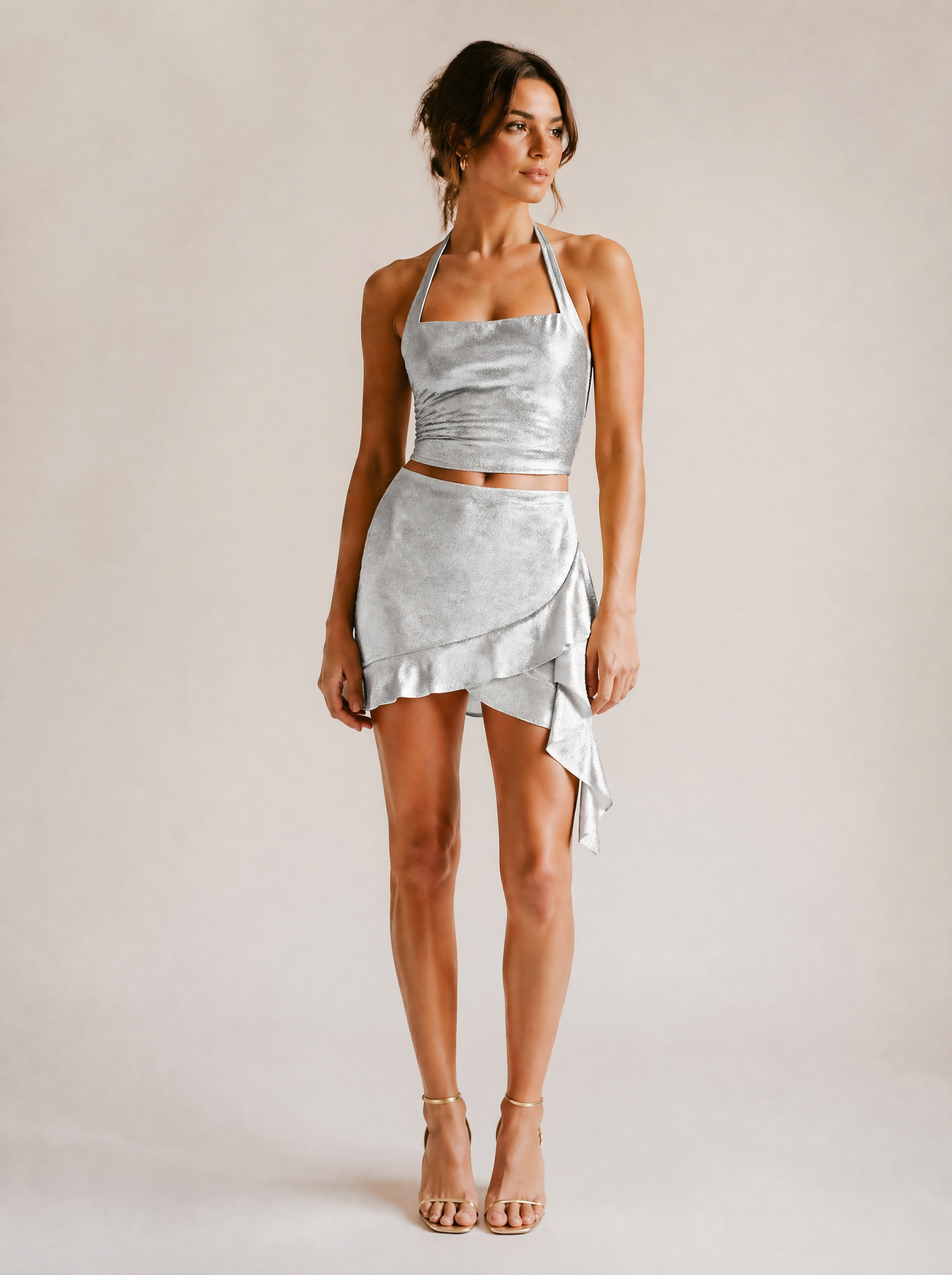 Shimmer Halter Top & Ruffle Mini Skirt Set in Silver — Front view