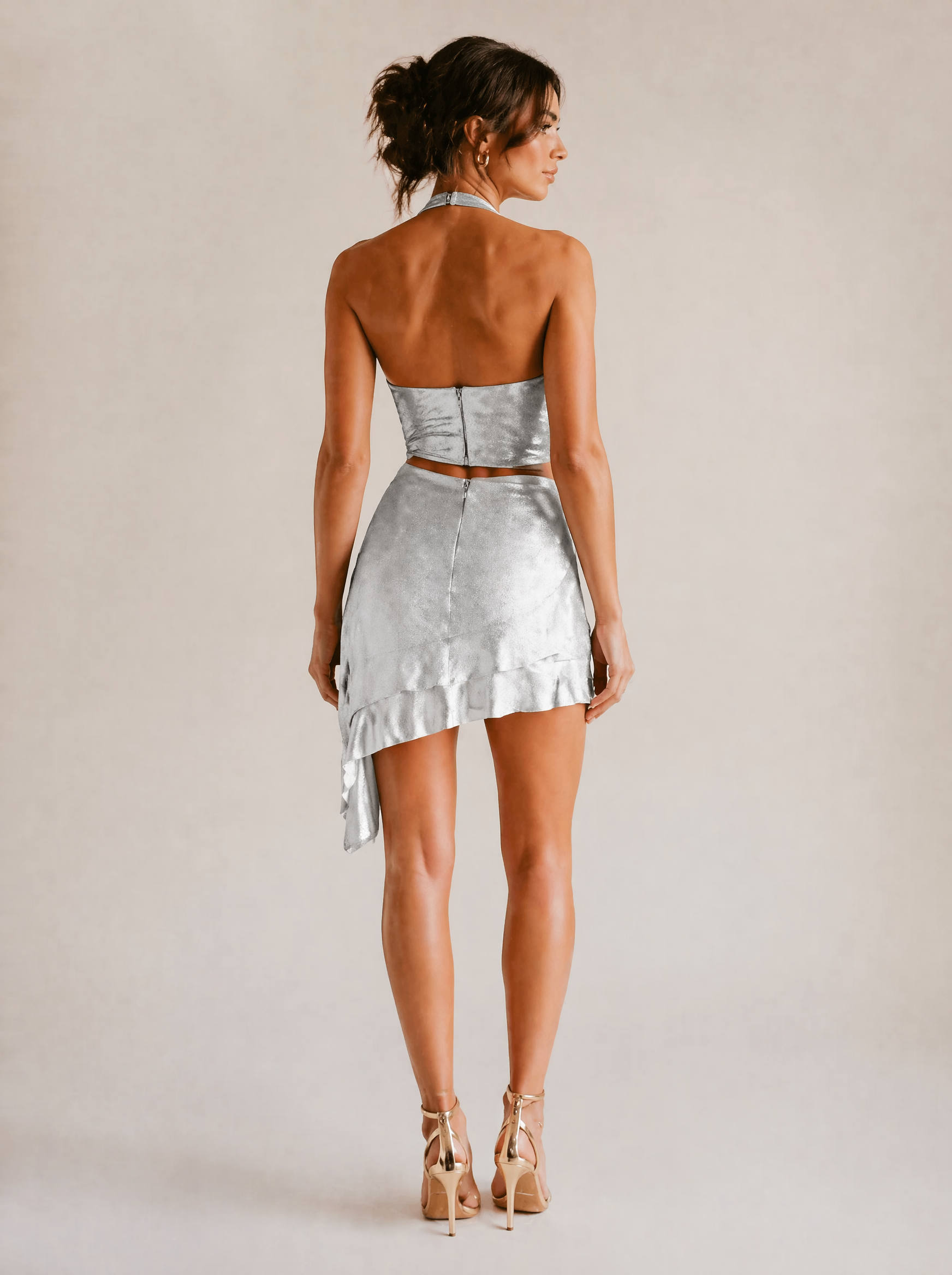 Shimmer Halter Top & Ruffle Mini Skirt Set in Silver — Back view