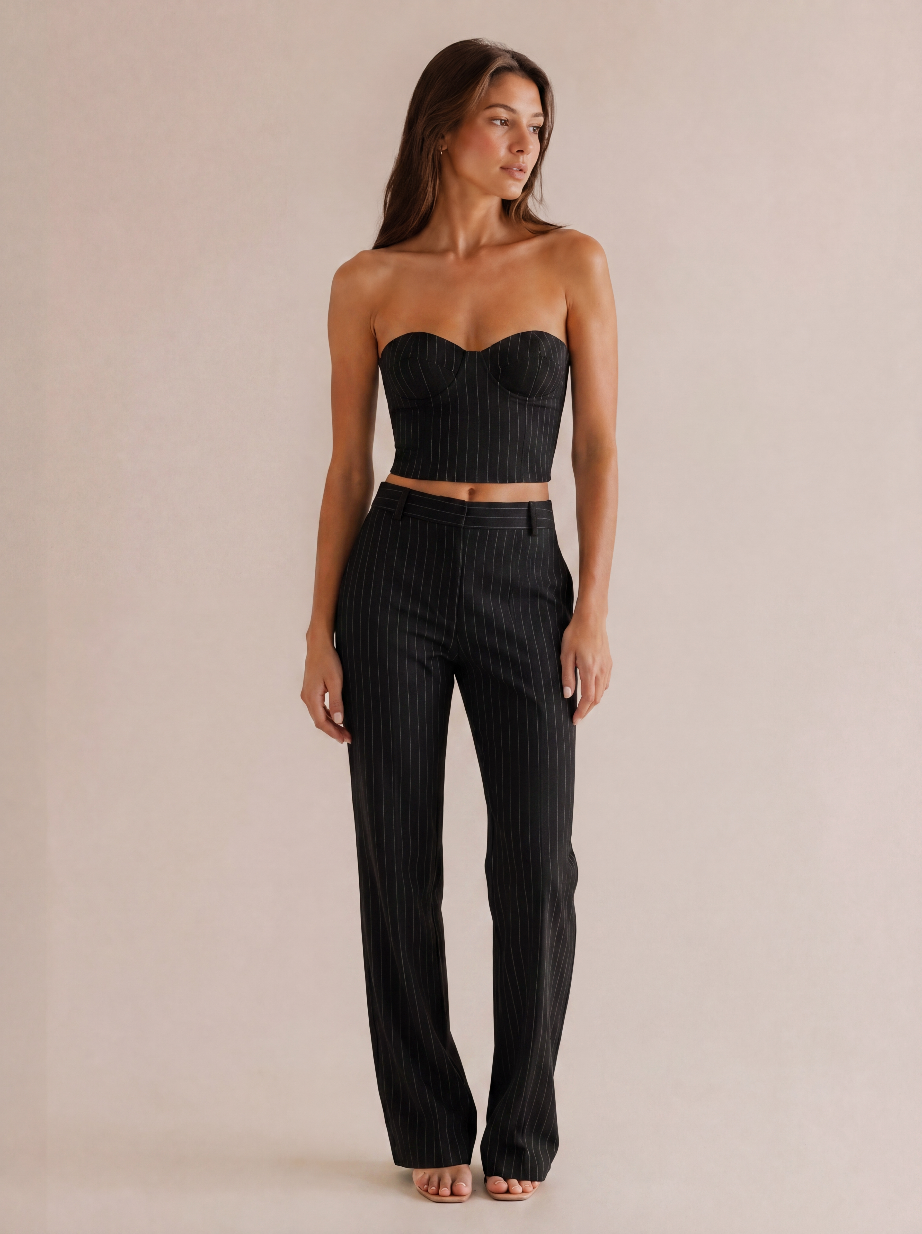 Pinstripe Strapless Bustier & Trouser Set in Black Pinstripe — Front view