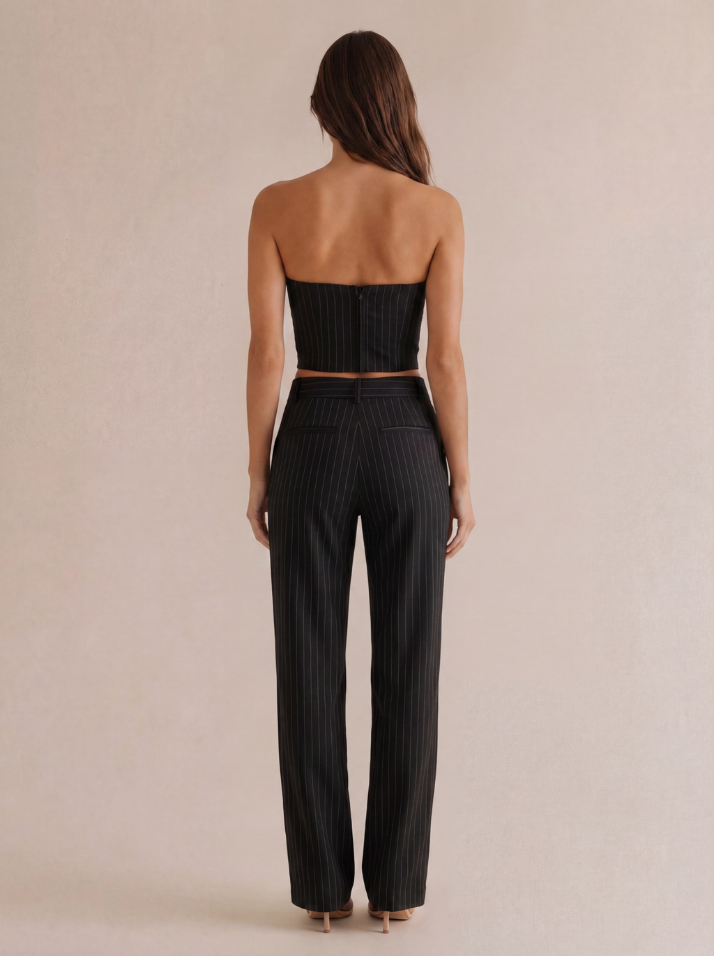 Pinstripe Strapless Bustier & Trouser Set in Black Pinstripe — Back view
