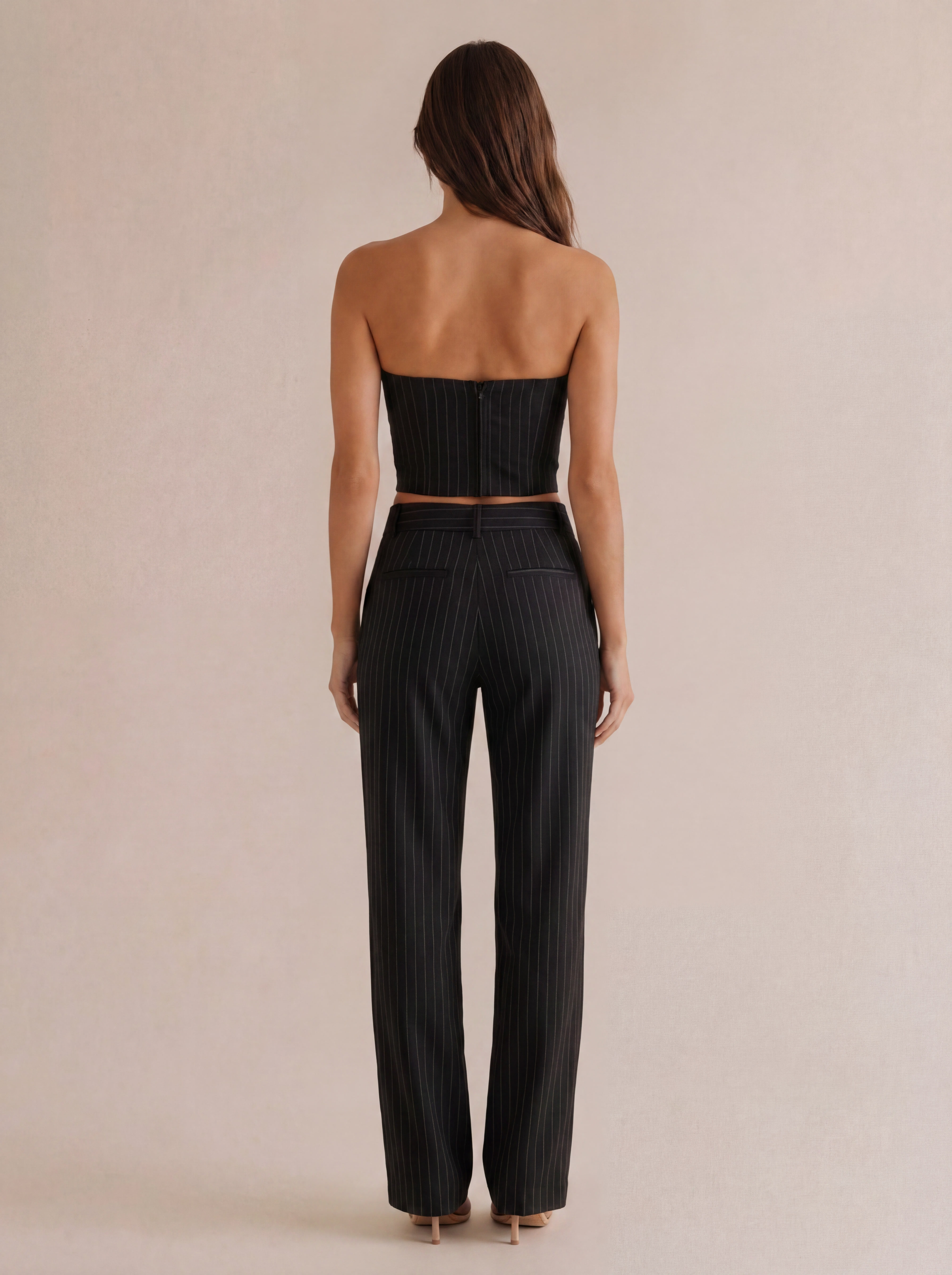 Pinstripe Strapless Bustier & Trouser Set in Black Pinstripe — Back view