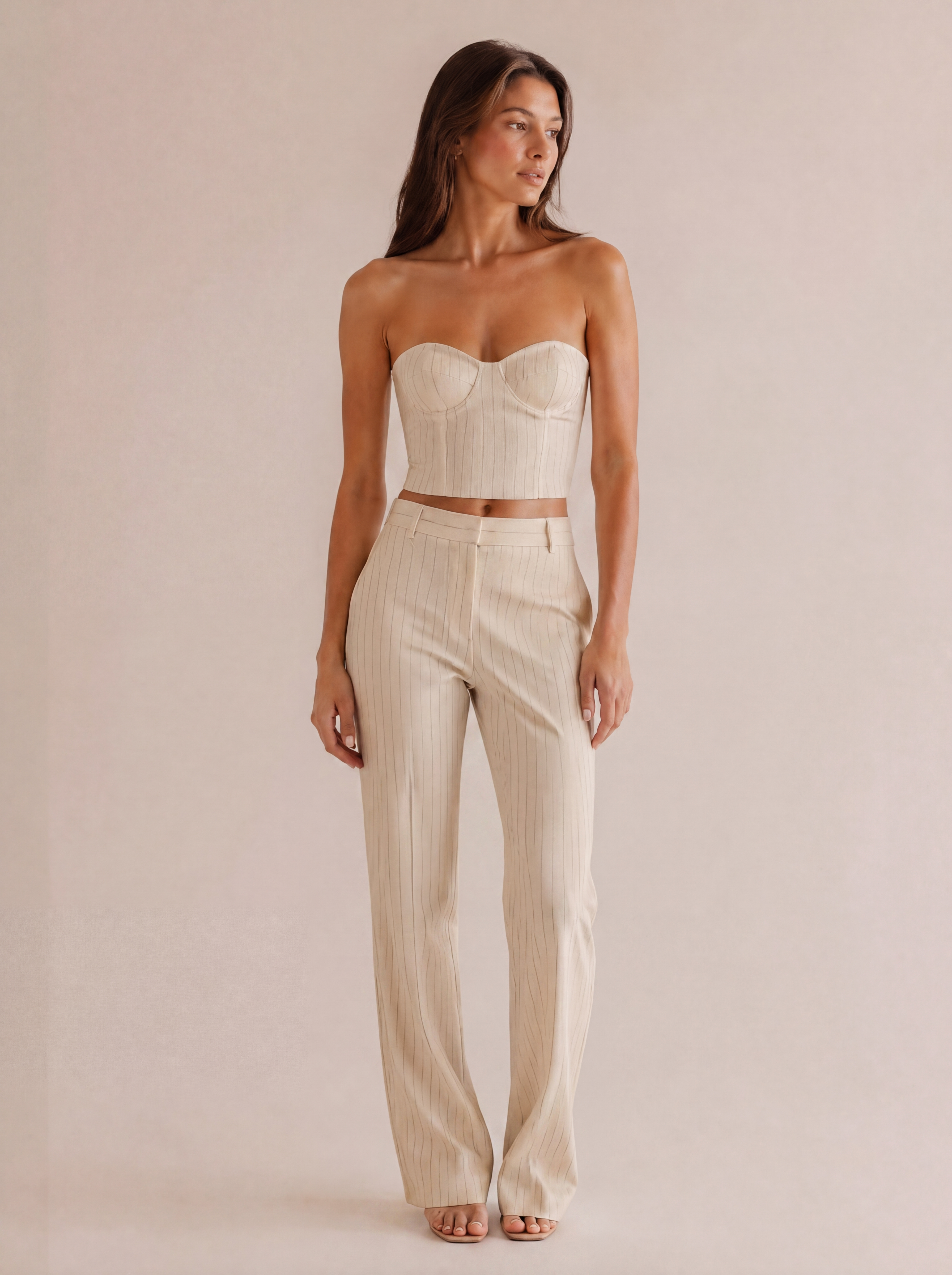 Pinstripe Strapless Bustier & Trouser Set in Cream Pinstripe — Front view