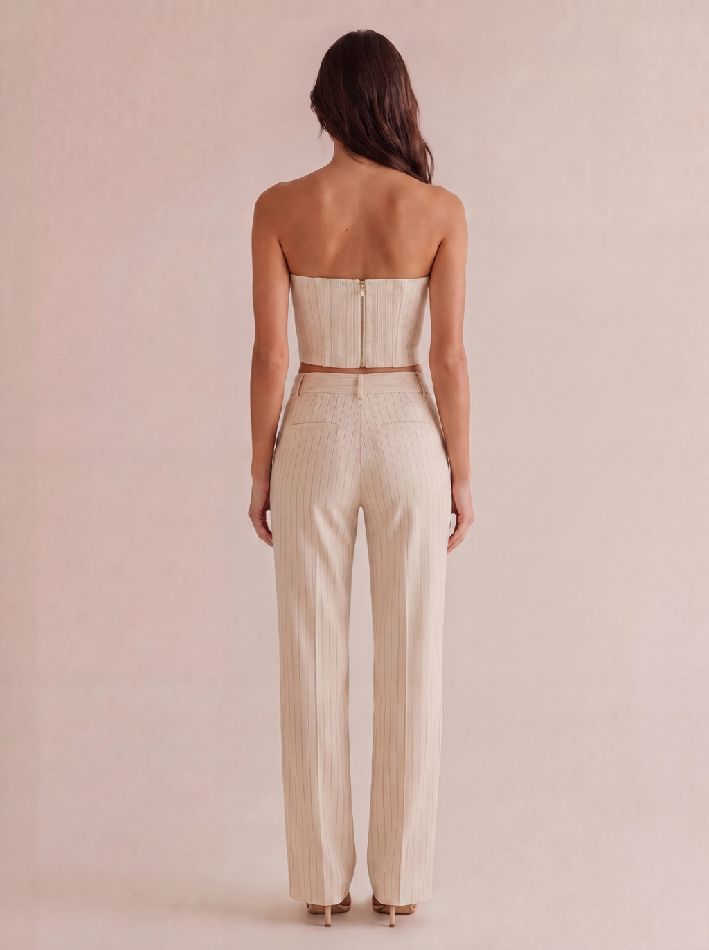 Pinstripe Strapless Bustier & Trouser Set in Cream Pinstripe — Back view
