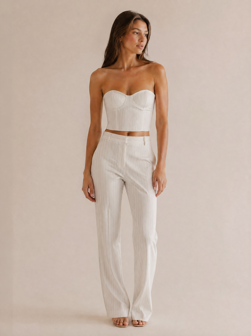 Pinstripe Strapless Bustier & Trouser Set in White Pinstripe — Front view