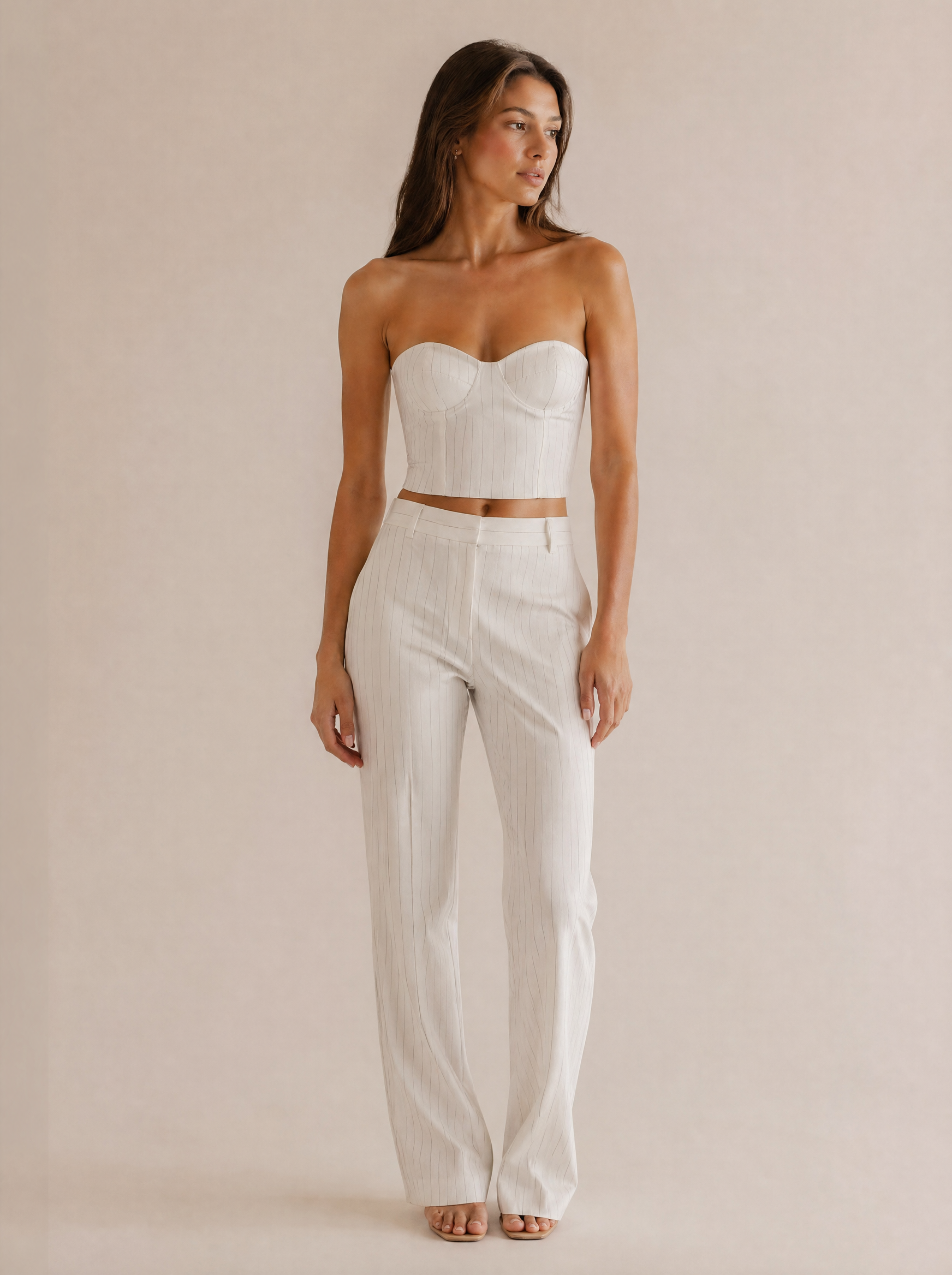 Pinstripe Strapless Bustier & Trouser Set in White Pinstripe — Front view