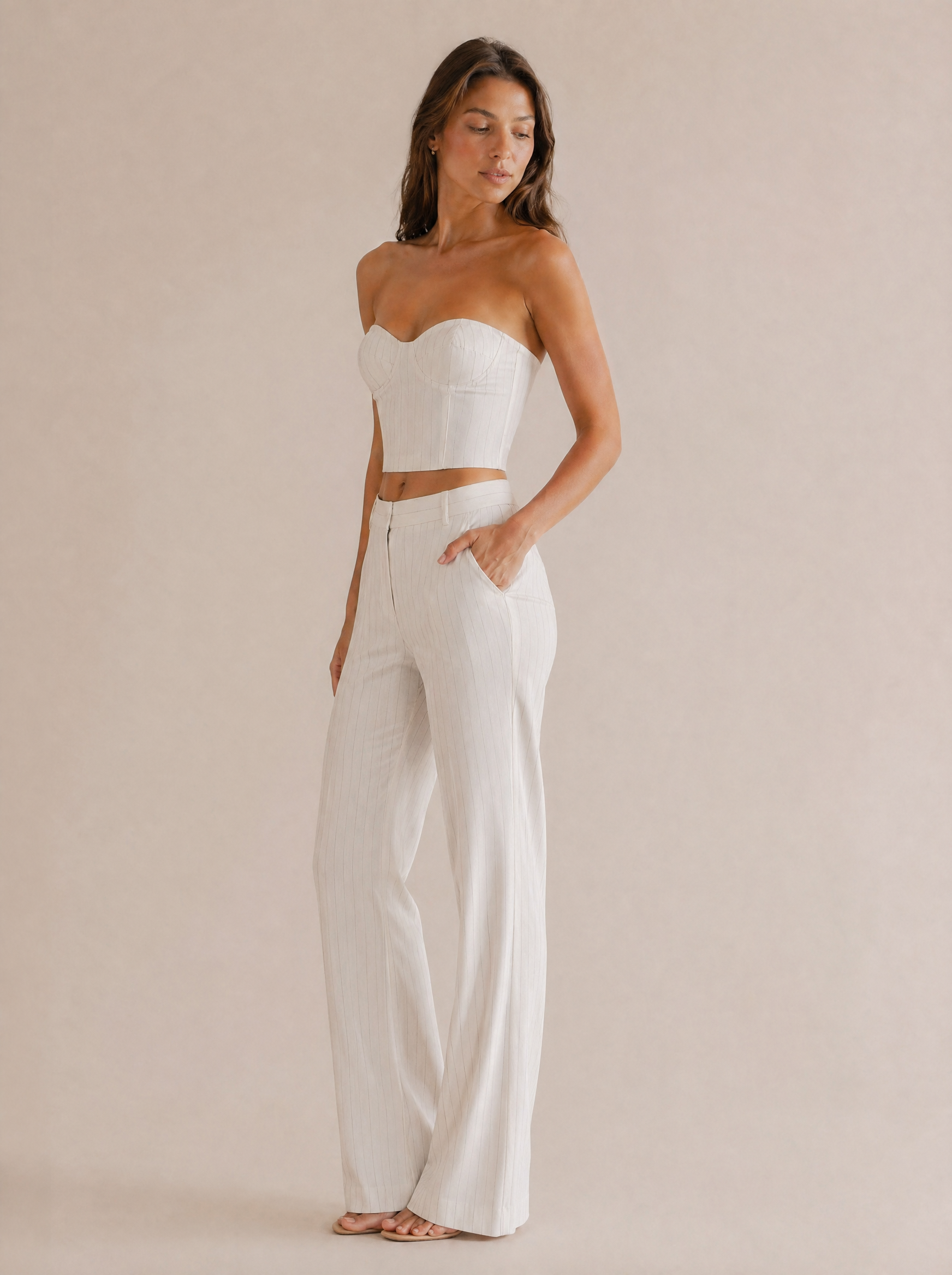 Pinstripe Strapless Bustier & Trouser Set in White Pinstripe — 3/4 angle view