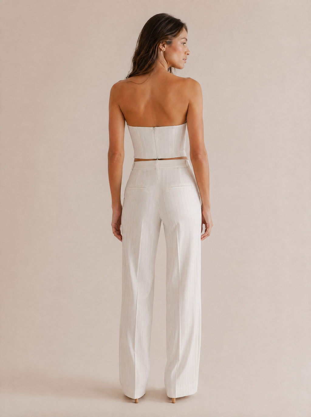Pinstripe Strapless Bustier & Trouser Set in White Pinstripe — Back view
