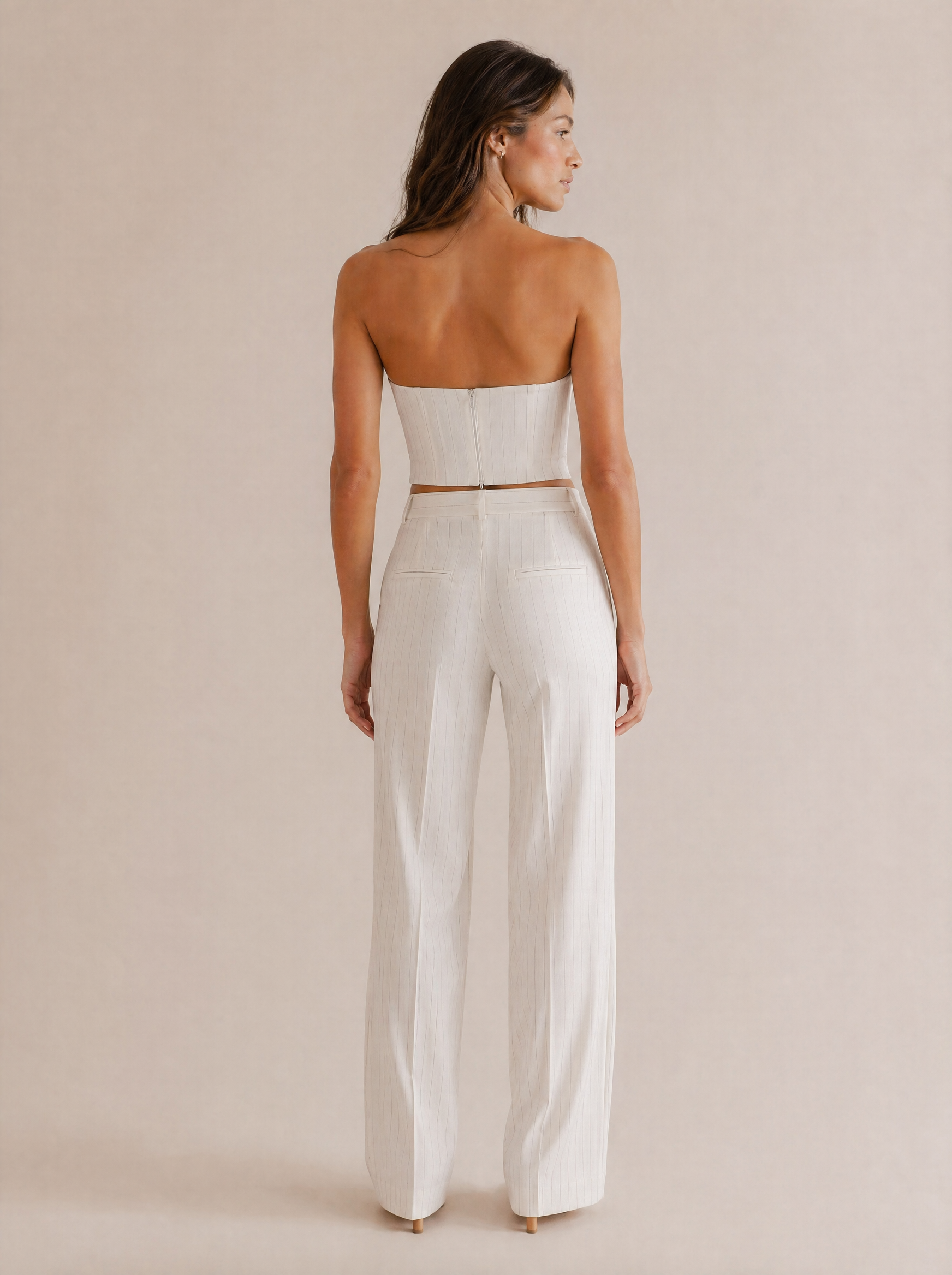 Pinstripe Strapless Bustier & Trouser Set in White Pinstripe — Back view