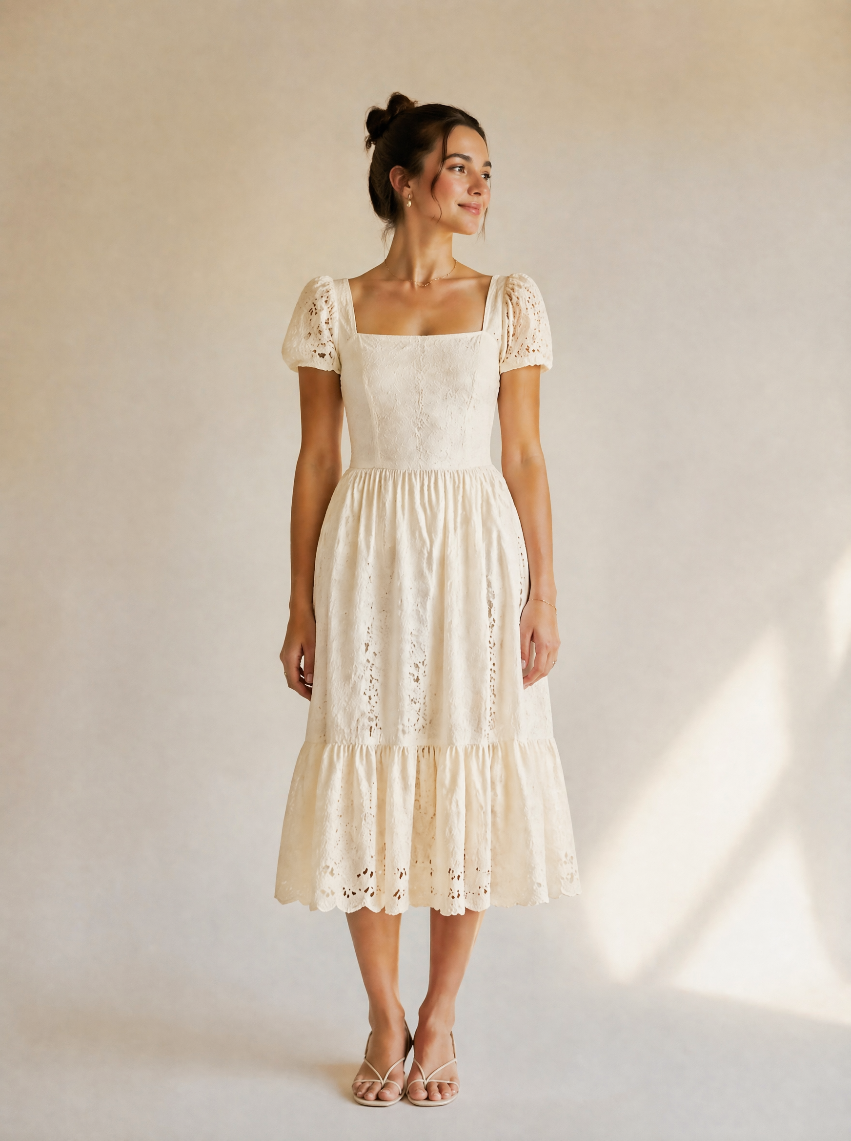 Eyelet Lace Puff Sleeve Midi Dress in Cream — Front view