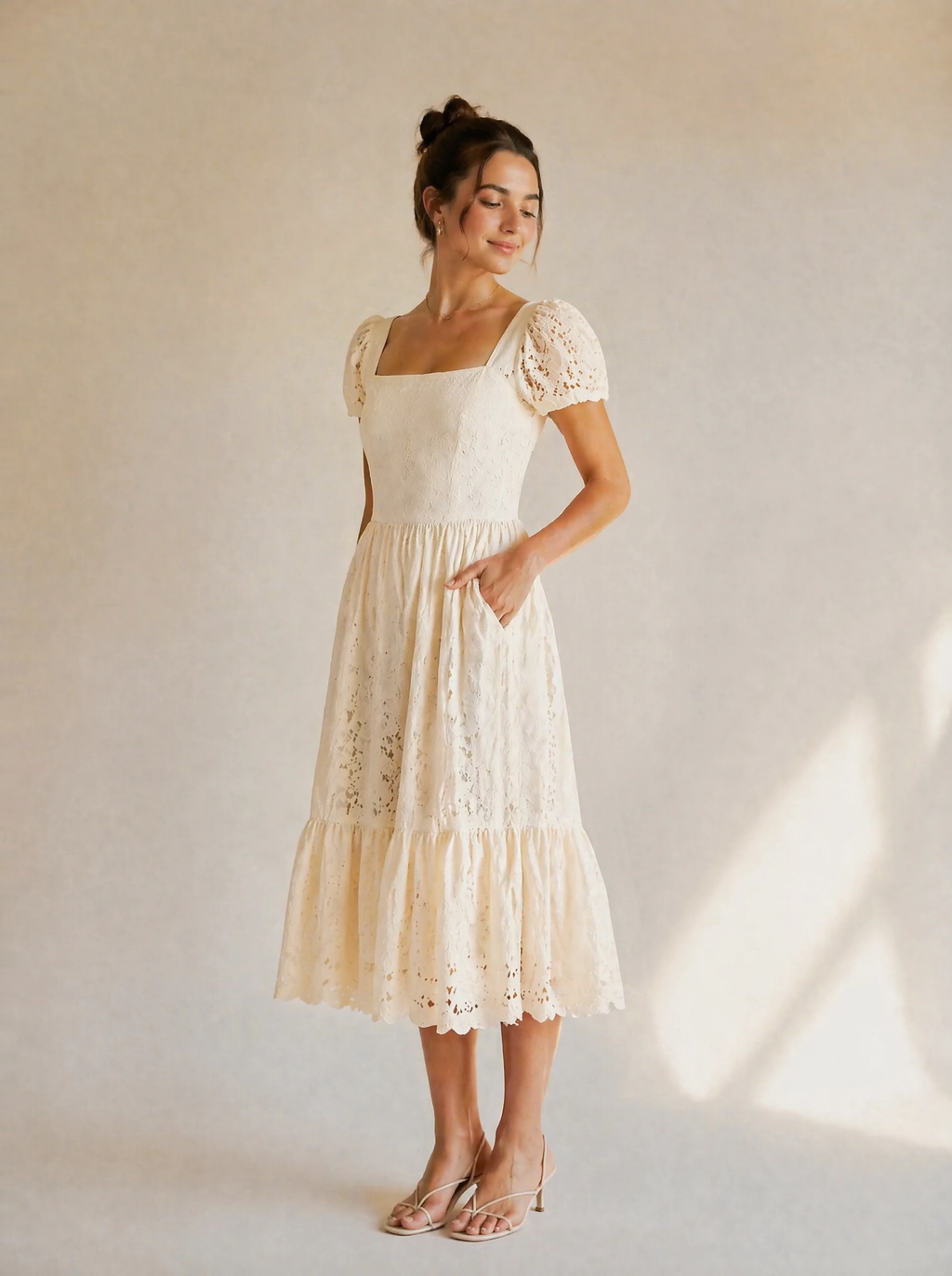 Eyelet Lace Puff Sleeve Midi Dress in Cream — 3/4 angle view